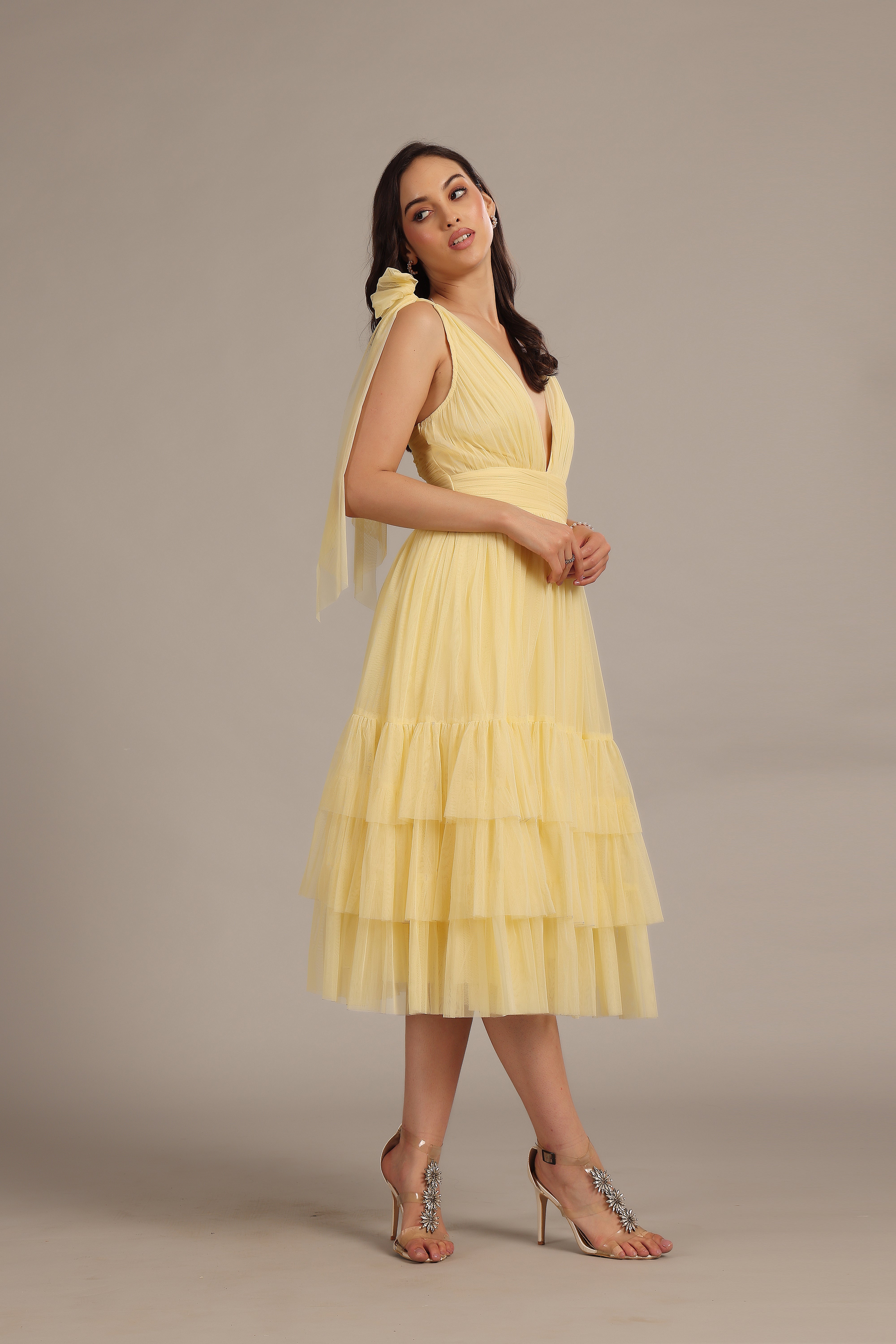Buttercup Yellow Bow Shoulder Madison Midi Dress for Women | Elegant Party & Wedding Guest Outfit | Summer Cocktail & Formal Occasion Wear