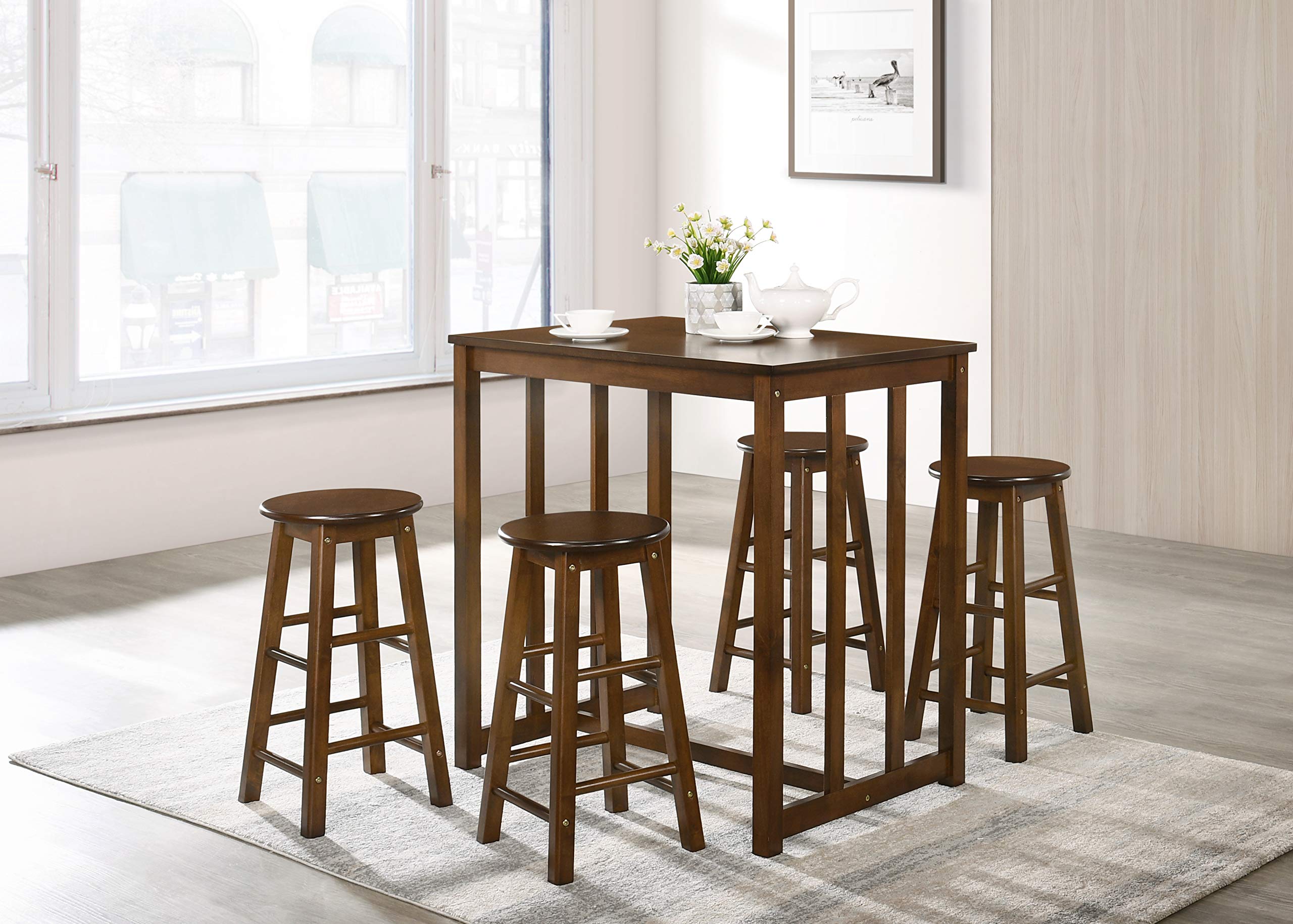 5-Piece Modern Wood Dining Table Set with 4 Chairs - Space-Saving Kitchen Breakfast Table & Pub Bar Set Including 4 Stools - Perfect for Small Homes, Apartments, Restaurants and Cafés
