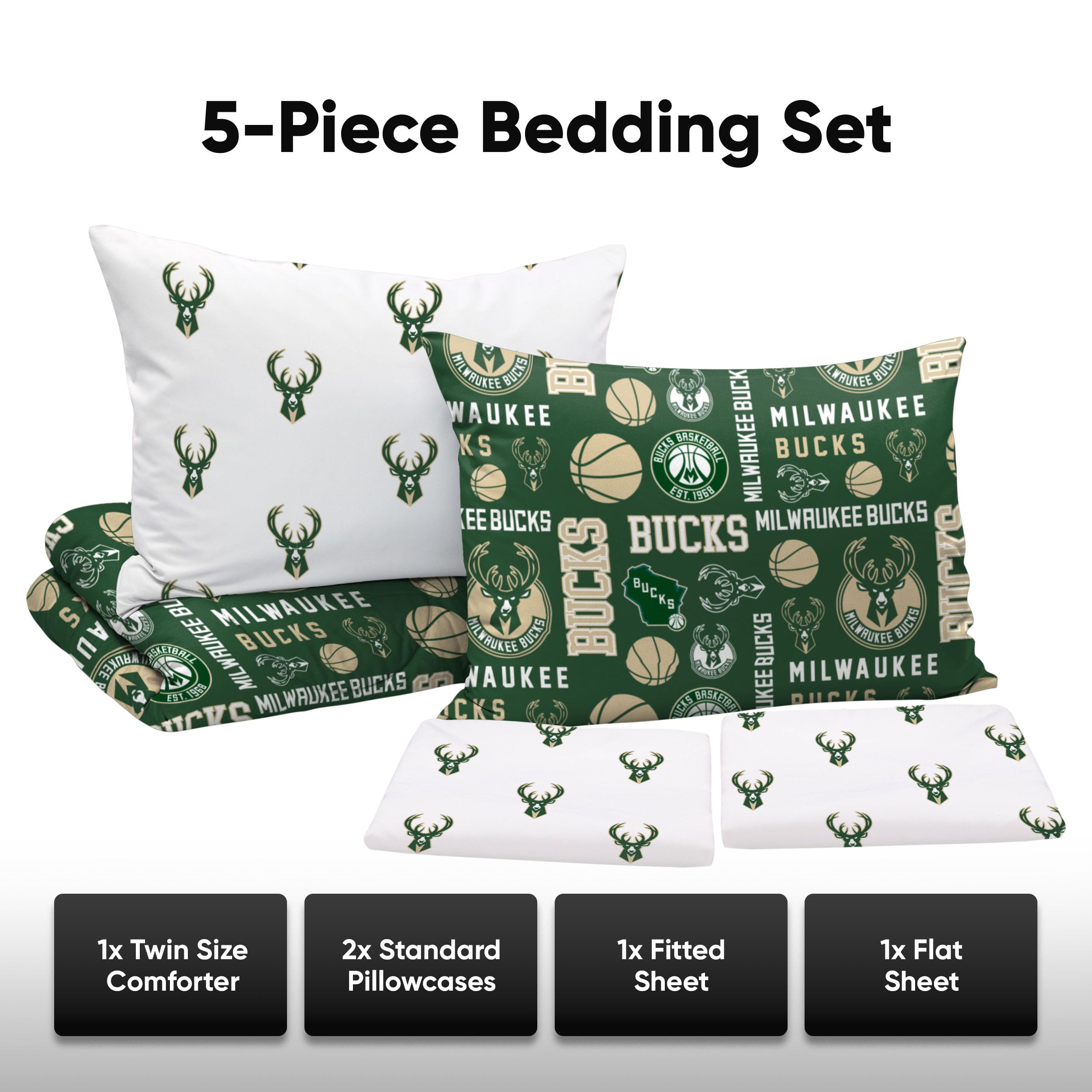 FOCO Milwaukee Bucks NBA Team Color 5-Piece Twin Bed in a Bag Comforter Set - Official NBA Bedding for Fans, Perfect for Game Nights & Teen Rooms