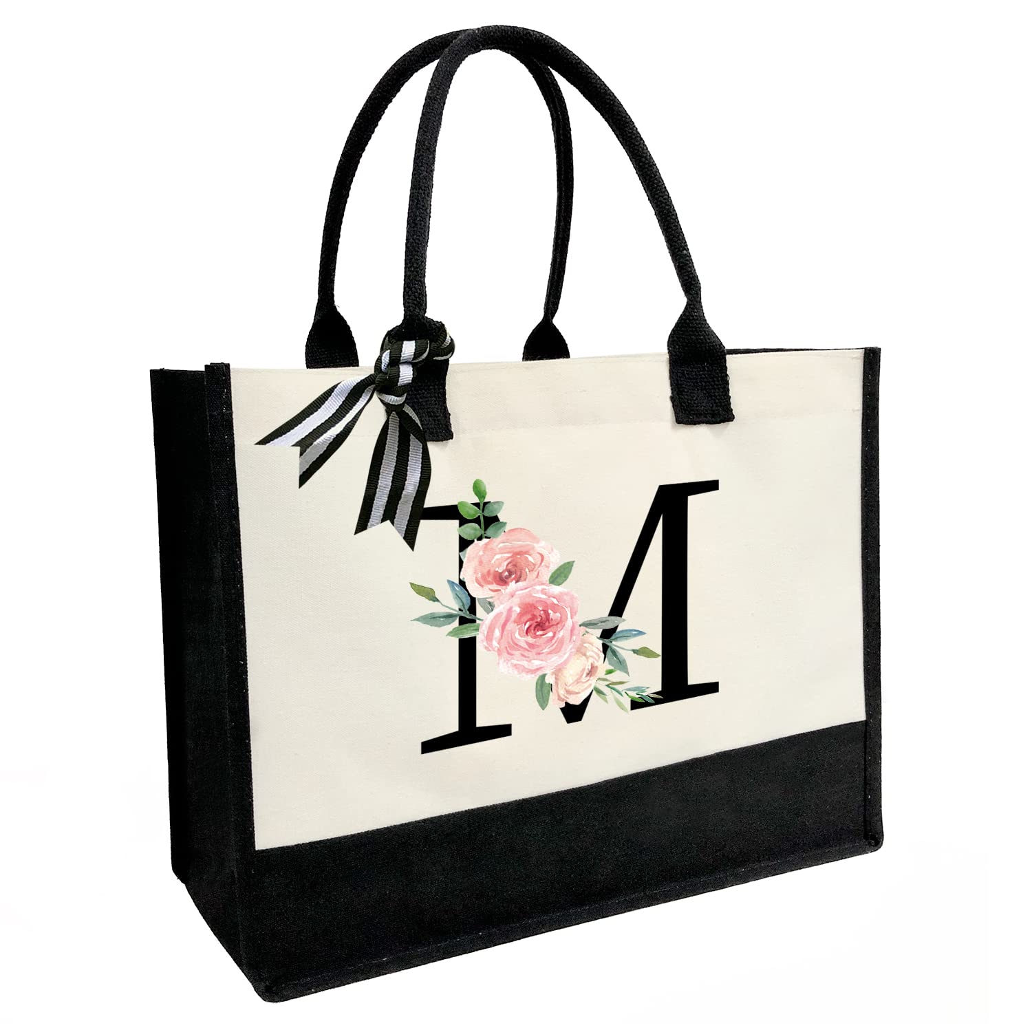 Personalized Canvas Beach Tote Bag with Printed Letter - Cute Gift for Women, Mom, Friends, Teachers & Bridesmaids - Perfect for Beach Trips, Shopping & Everyday Use
