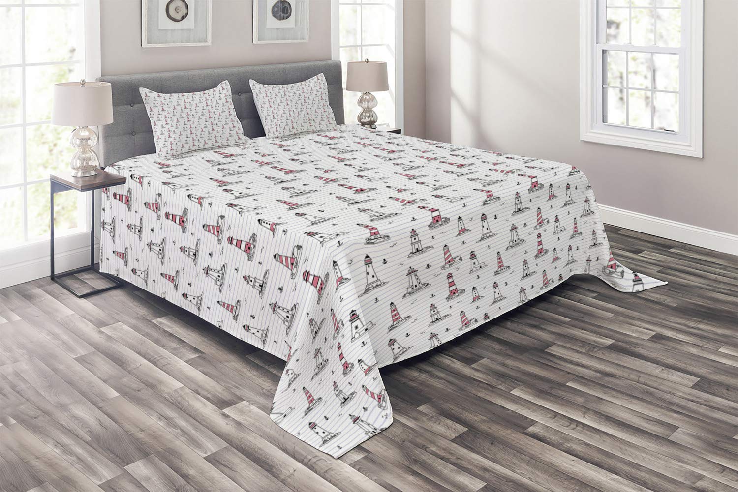 Ambesonne Lighthouse Quilt Set - Nautical Themed Notebook Pattern with Seagulls & Anchors Doodle Design, 3-Piece King Size Bedspread with 2 Pillow Shams in Pink Lilac & Black | Coastal Bedroom Decor, Beach House Styling, Gift for Sea Lovers