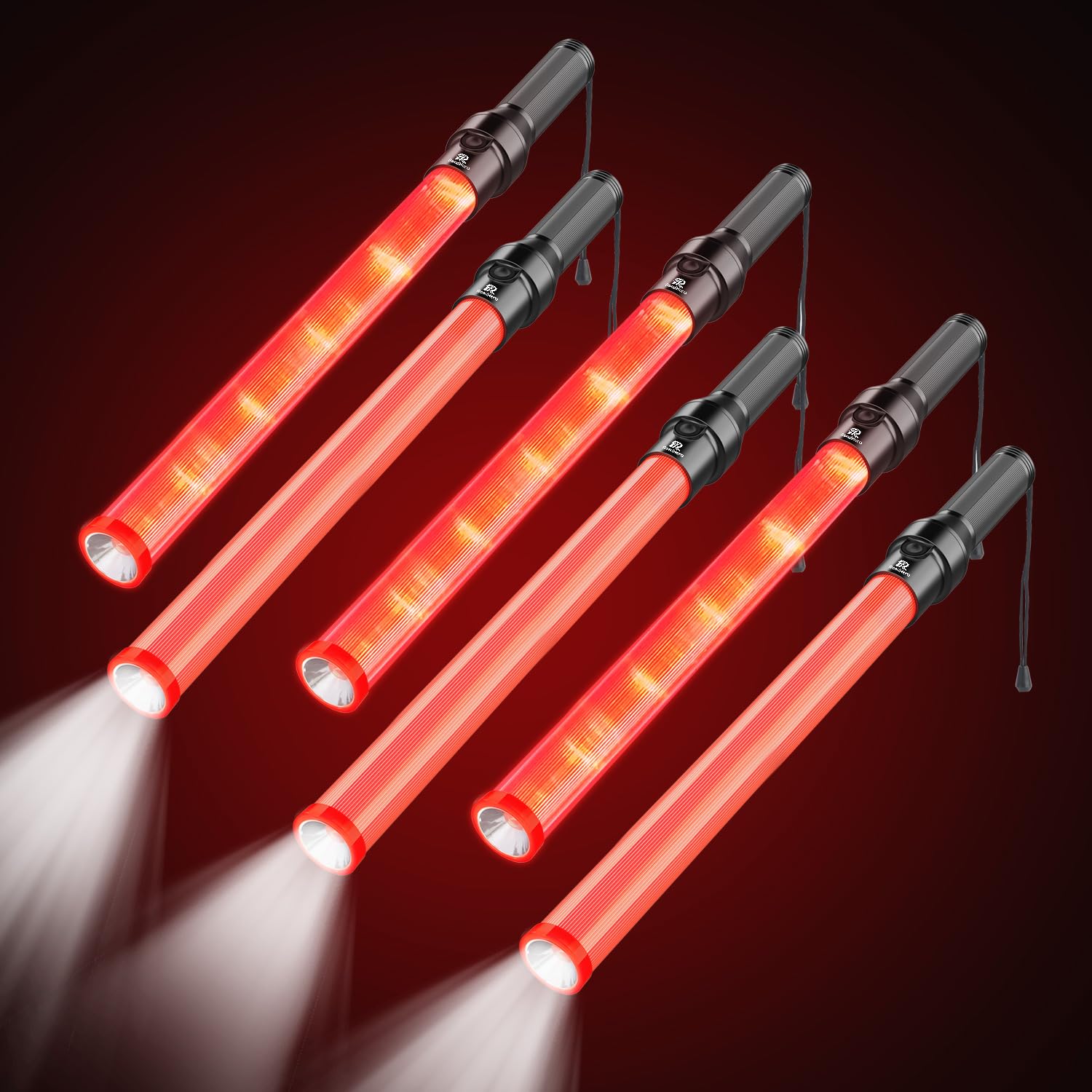 RoadHero 6 Pack 21-Inch LED Traffic Batons - 3 Flashing Modes & White Tip Light for Night Safety - Perfect for Airport Marshaling, Parking Direction, and Traffic Control | Durable Light Wands for Road Safety, Construction Sites & Emergency Signaling