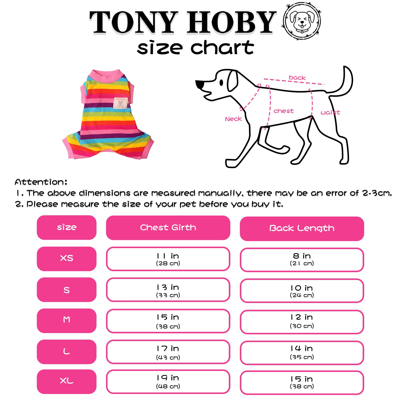 TONY HOBY Dog Pajamas for Small & Medium Dogs - 4 Legged Rainbow Stripe Jumpsuit, Soft & Lightweight Pet Clothes (Pink, XL) - Perfect for Indoor Wear, Winter Warmth & Cute Photo Outfits