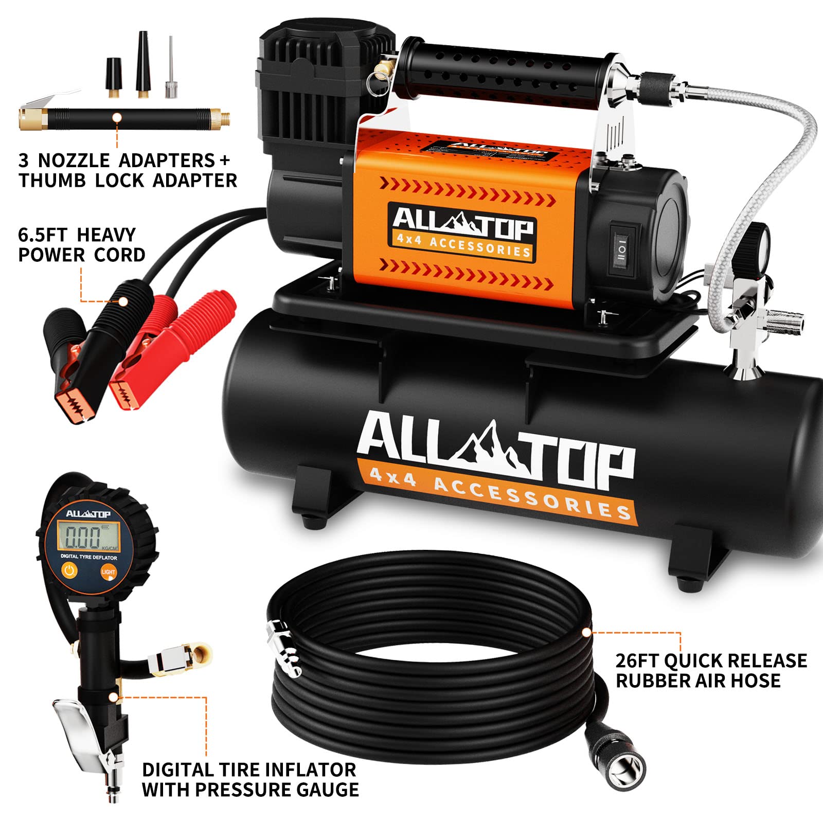 ALL-TOP 12V Portable Air Compressor with 6L Oil-Free Steel Tank - 150PSI Heavy Duty Tire Inflator for Trucks, SUVs, 4x4 Vehicles & RVs - Perfect for Offroad Adventures, Emergency Tire Inflation & Garage Use