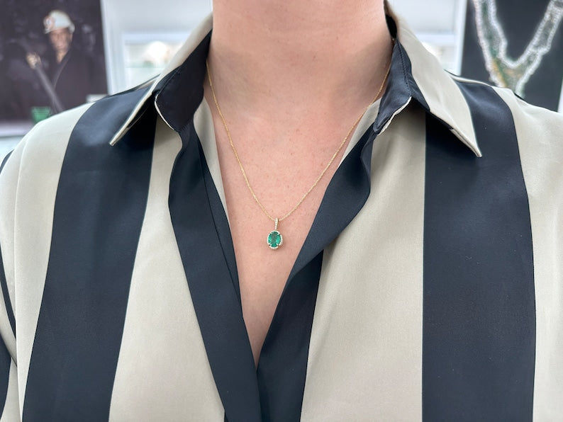 1.93tcw 14K Gold Oval Cut Emerald & Diamond Halo Pendant Necklace - Rich Dark Green Gemstone Jewelry for Women, Gift for Her, Perfect for Weddings, Anniversaries & Special Occasions
