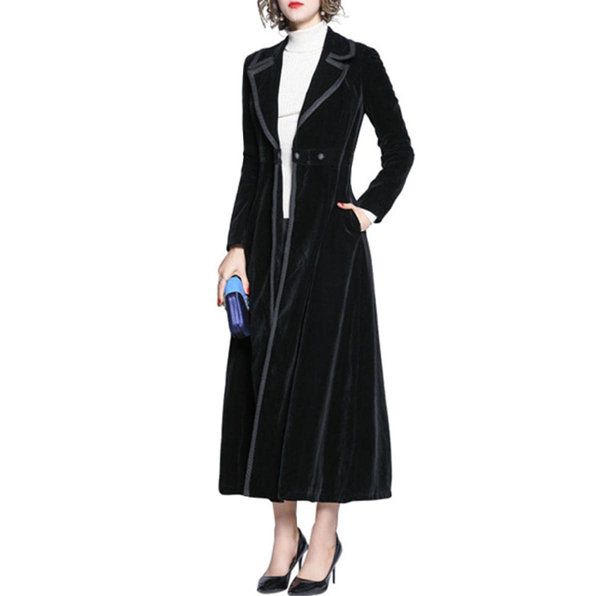 Women's Slim Wool Blend Trench Coat - Vintage Velvet Lapel Long Sleeve Pea Coat Dress for Fall & Winter | Perfect for Office, Date Night & Special Occasions
