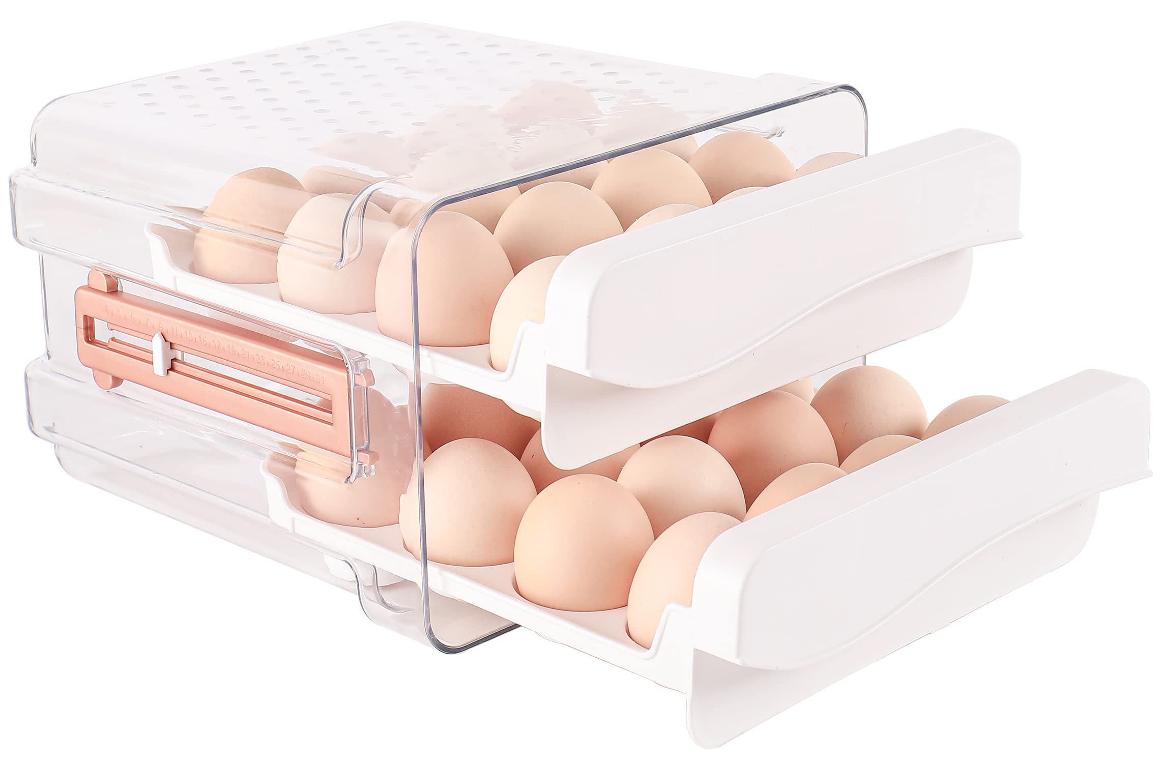 Sooyee 32-Capacity Refrigerator Egg Holder with Time Scale, 2-Drawer Egg Storage Container & Organizer - Perfect for Kitchen Fridge Organization & Fresh Egg Storage