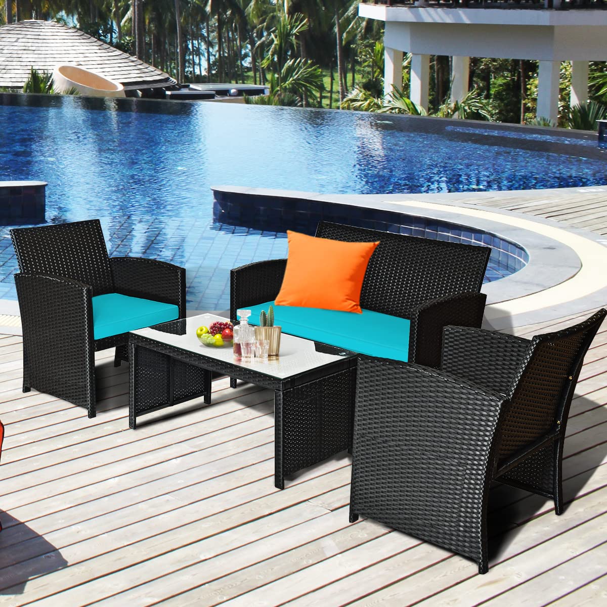 COSTWAY 4-Piece Outdoor Rattan Patio Furniture Set with Cushions & Glass Coffee Table - Wicker Sofa Conversation Set for Backyard, Porch, Garden, Lawn (Turquoise) | Perfect for Relaxing, Entertaining & Outdoor Dining