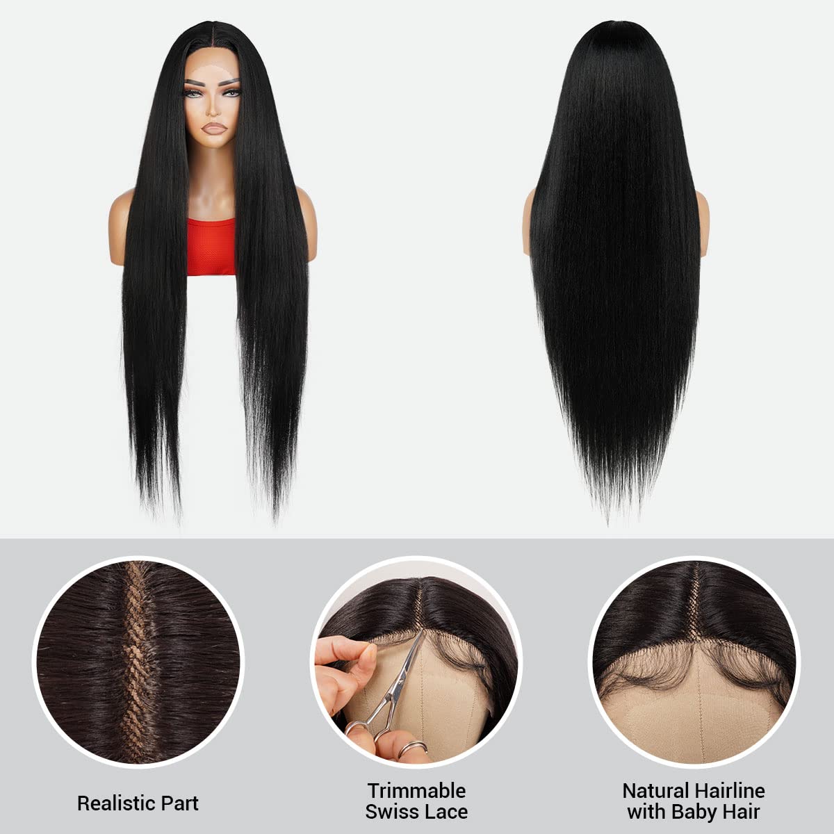 36 Inch Lace Front Wig - Bone Straight Super Long Synthetic Hair with Realistic Hairline - Heat Resistant Middle Part Wig for Black Women - Jet Black DPL002 | Perfect for Cosplay, Daily Wear & Special Occasions