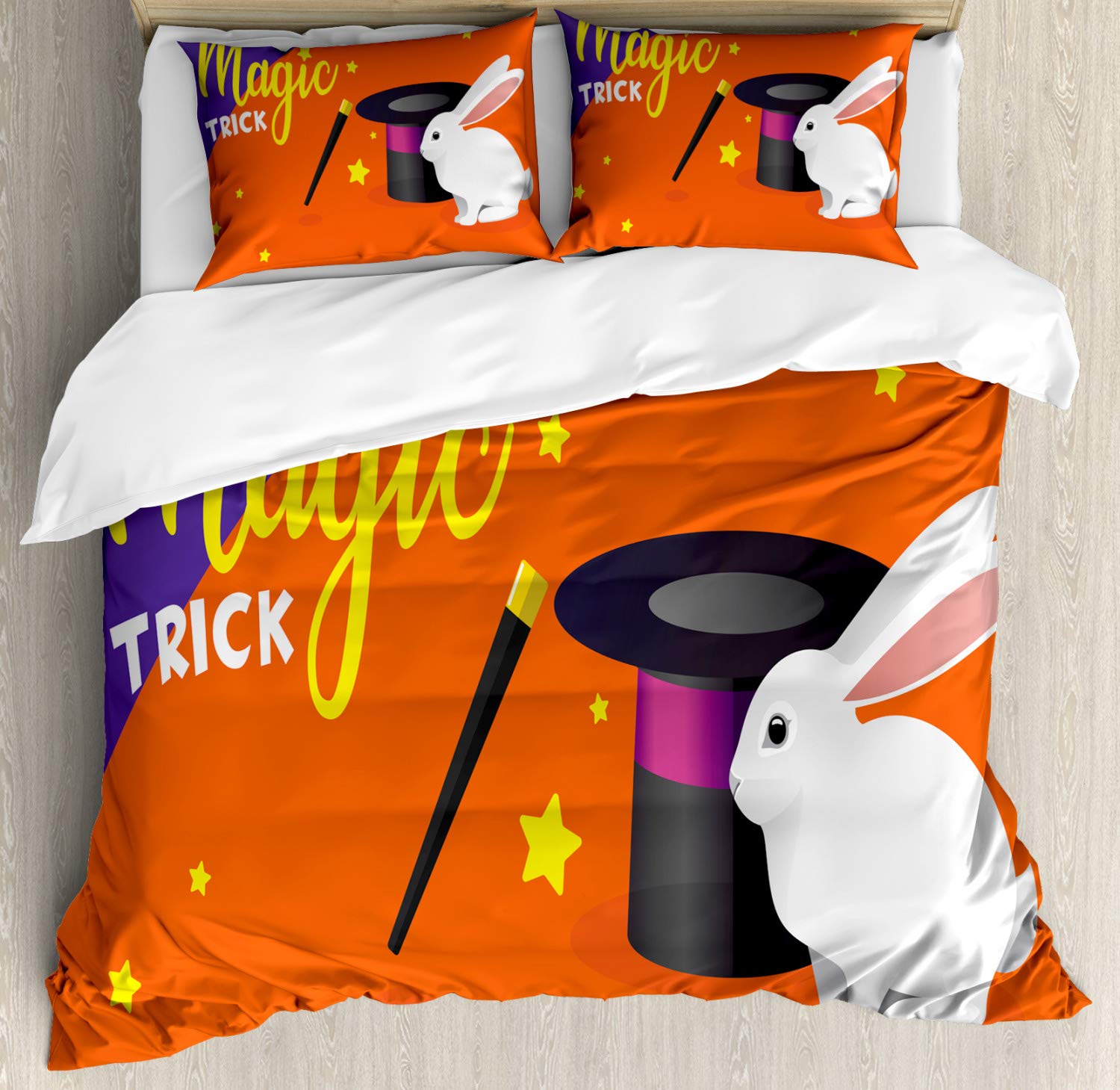 Ambesonne Magician Duvet Cover Set - Magic Trick Typography with Little Bunny & Hat Design | 3-Piece King Size Bedding Set with 2 Pillow Shams in Burnt Sienna Violet | Perfect for Themed Bedrooms, Magic Shows & Unique Home Decor