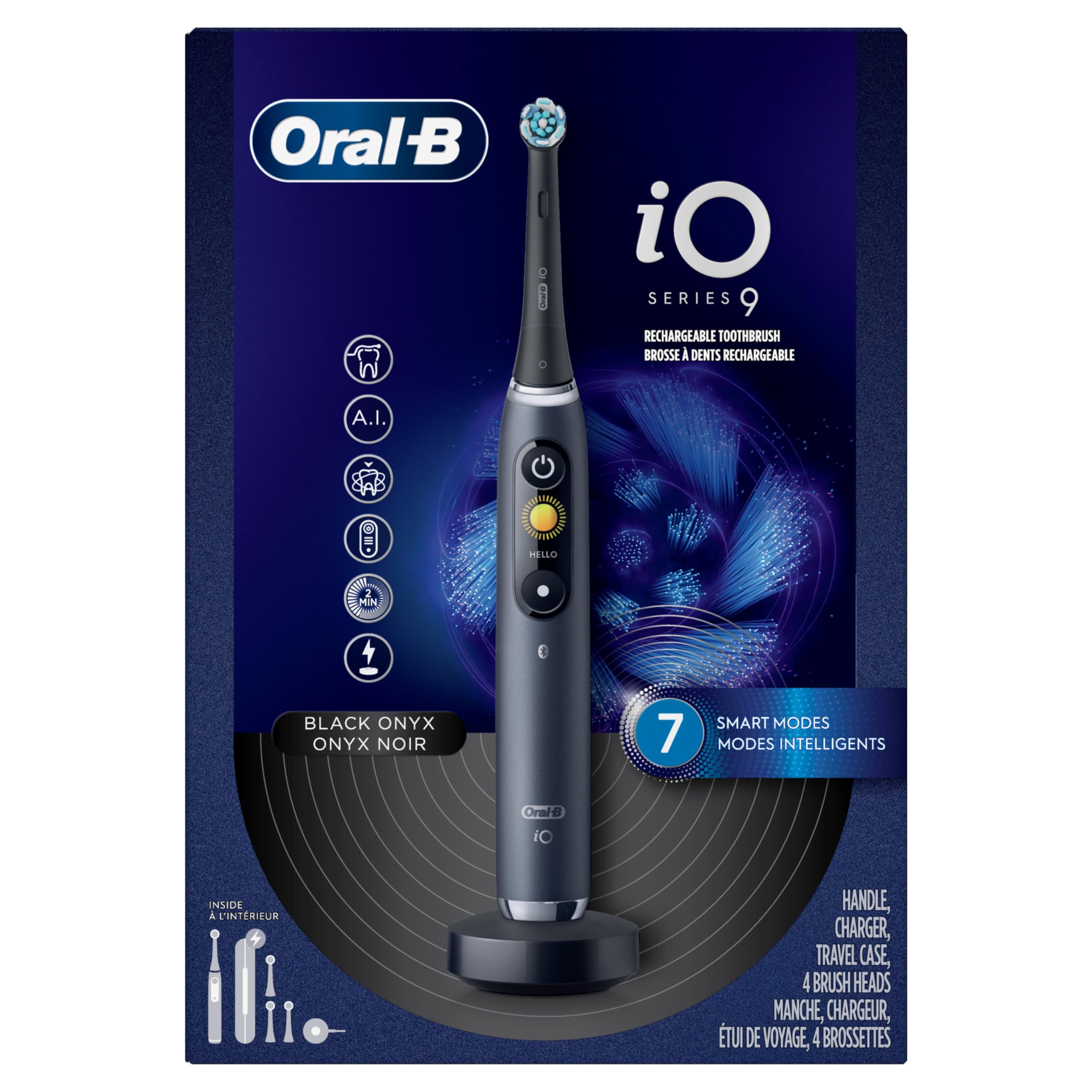 Oral-B iO Series 9 Electric Toothbrush - Black Onyx Rechargeable Toothbrush with 4 Brush Heads & Travel Case - Advanced Cleaning for Sensitive Teeth & Gum Care - Perfect for Travel & Home Use