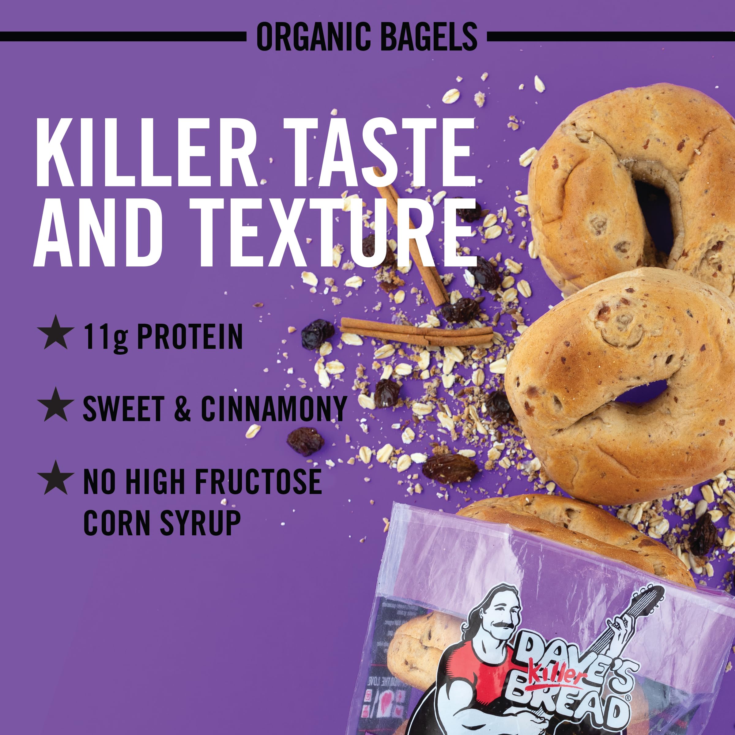 Organic Cinnamon Raisin Bagels by Dave's Killer Bread - 5 Count | Non-GMO, Whole Grain Breakfast Bagels for Toasting & Healthy Snacking | Perfect with Cream Cheese, Butter or Jam