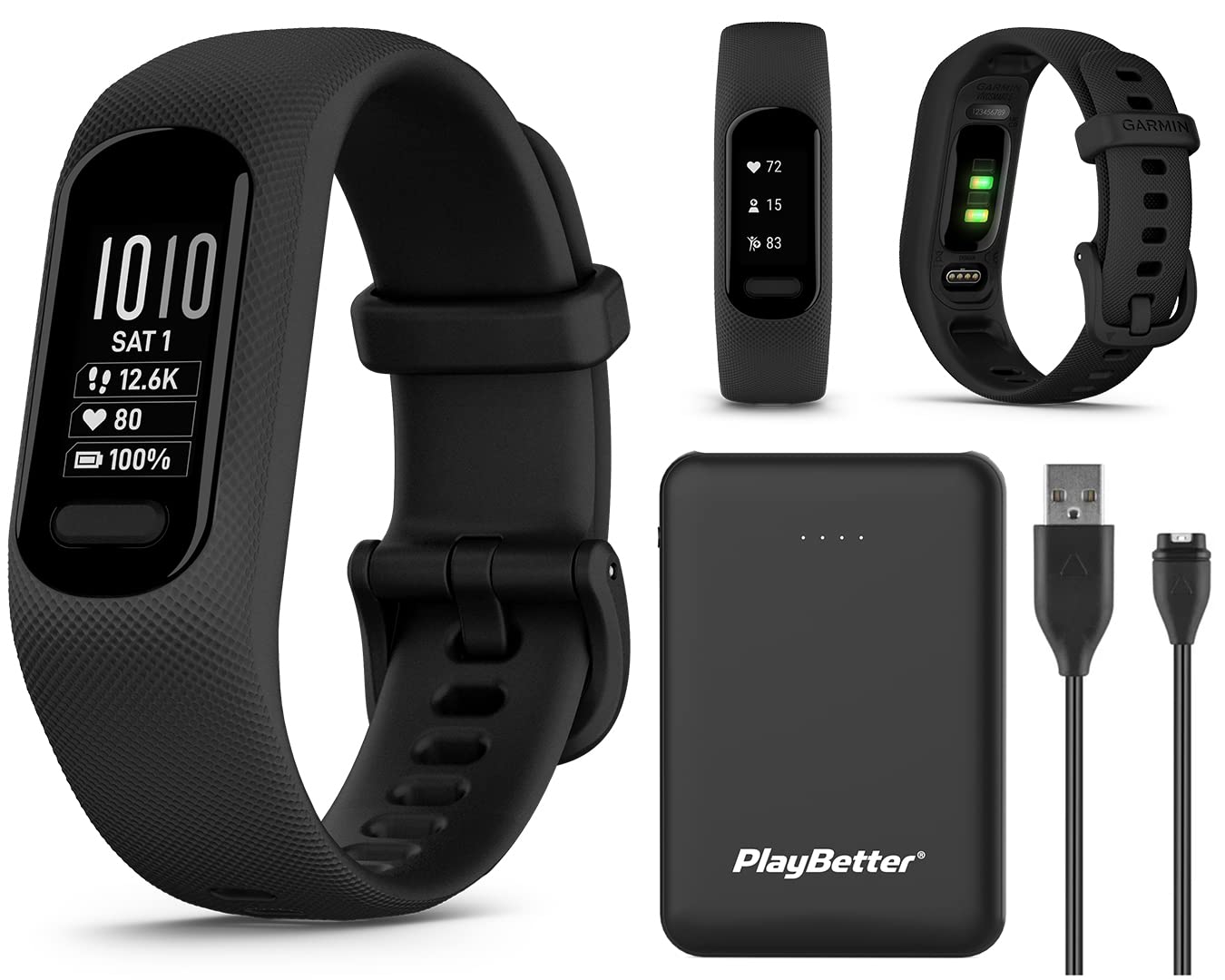 Garmin vivosmart 5 Fitness Tracker with Heart Rate Monitor & Sleep Tracking - Black Large Size | Includes PlayBetter 5000mAh Portable Charger | Comfortable Wristband for Running, Gym & Daily Activity Tracking | GPS Smartwatch for iPhone & Android