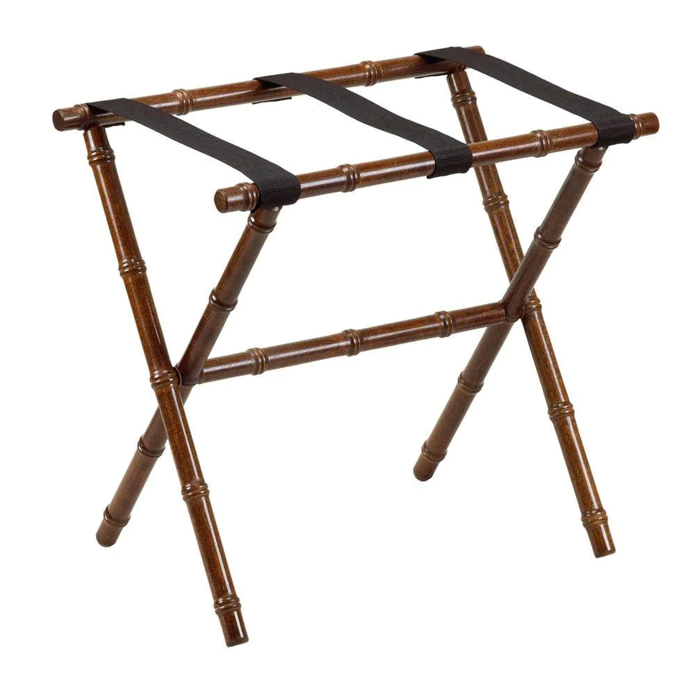 Dark Walnut Bamboo-Inspired Wooden Luggage Rack with 3 Adjustable Black Nylon Straps - Sturdy Suitcase Stand for Bedroom, Hotel, or Travel Storage