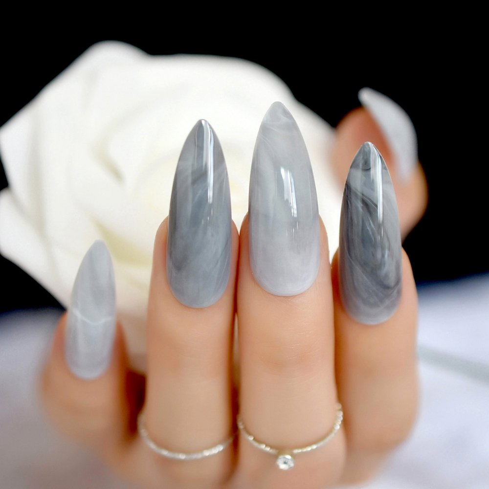 24 Count Extra Long Stiletto Press On Nails - Grey Marble Stone Pattern, Dark Shiny Pointed Fake Nails for Women | Perfect for Parties, Weddings & Special Occasions