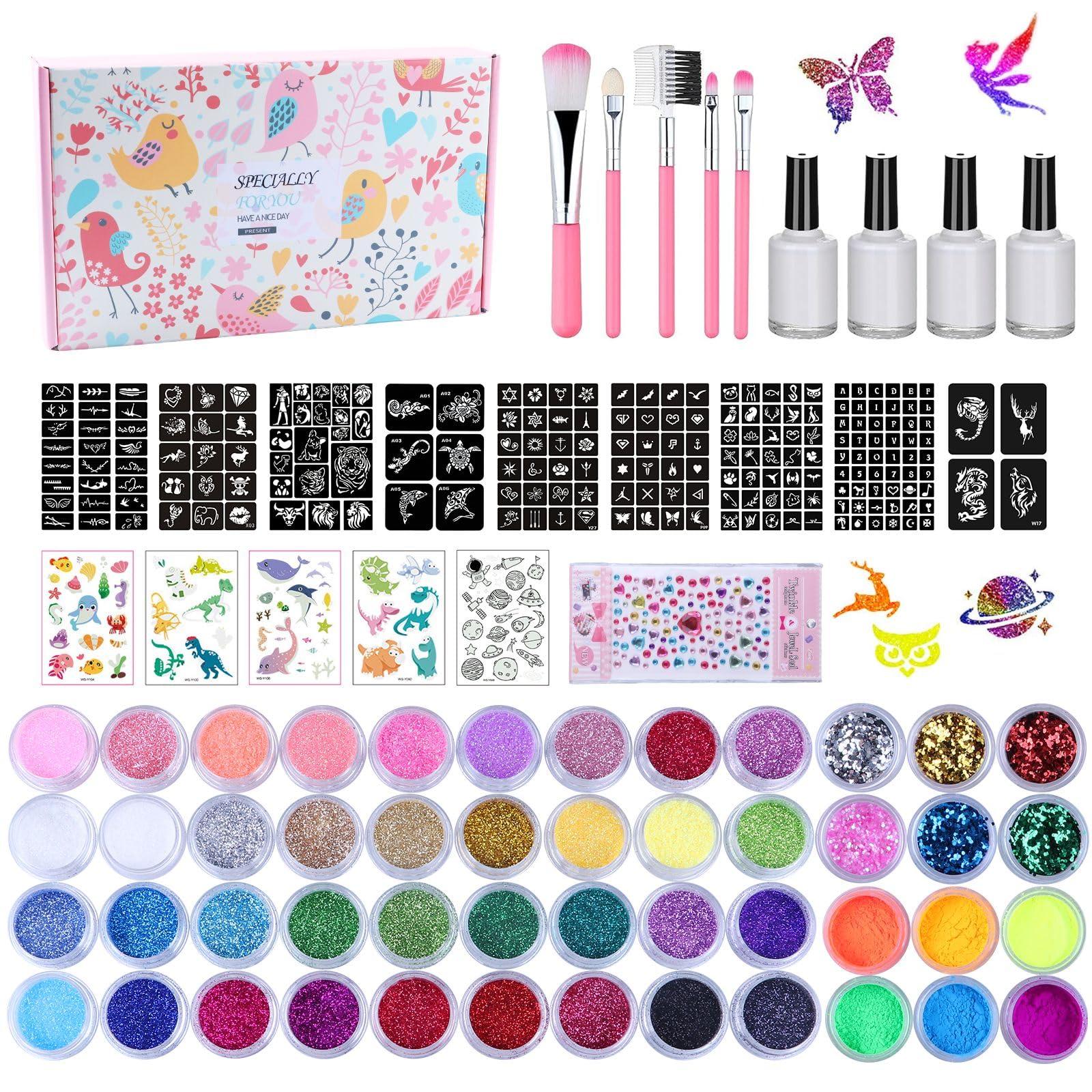 Glitter Tattoo Kit for Kids & Adults - 42 Glitter Colors & 6 Fluorescent Colors, 209 Stencils, 4 Glue Tubes, 5 Brushes, Diamond Stickers - Safe & Easy Removal Face & Body Art for Birthday Parties, Halloween, Festivals & Events