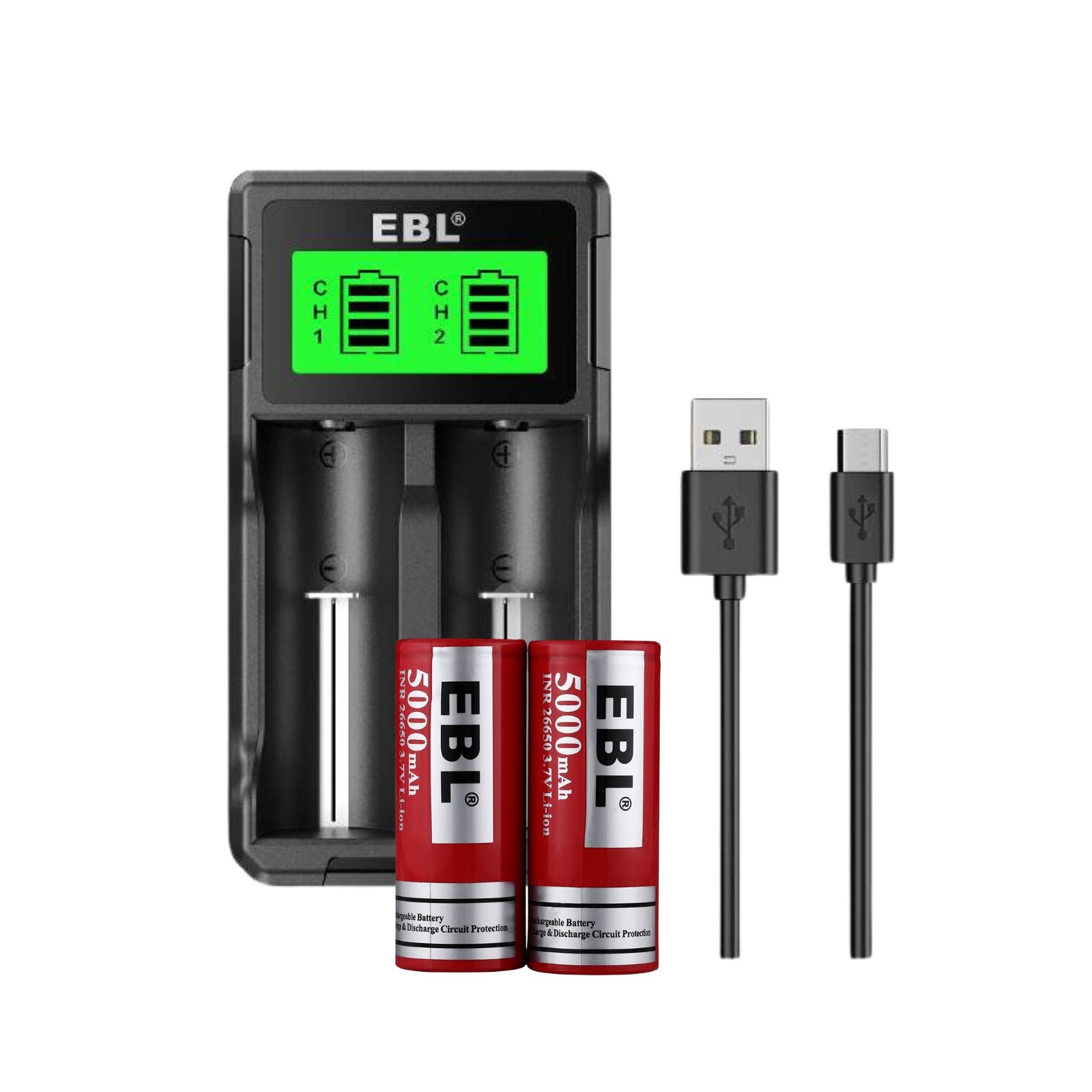 EBL 2-Pack 26650 Rechargeable Lithium Batteries 5000mAh 3.7V with Smart Charger - High Capacity for Flashlights, Vape Mods & Solar Power Storage