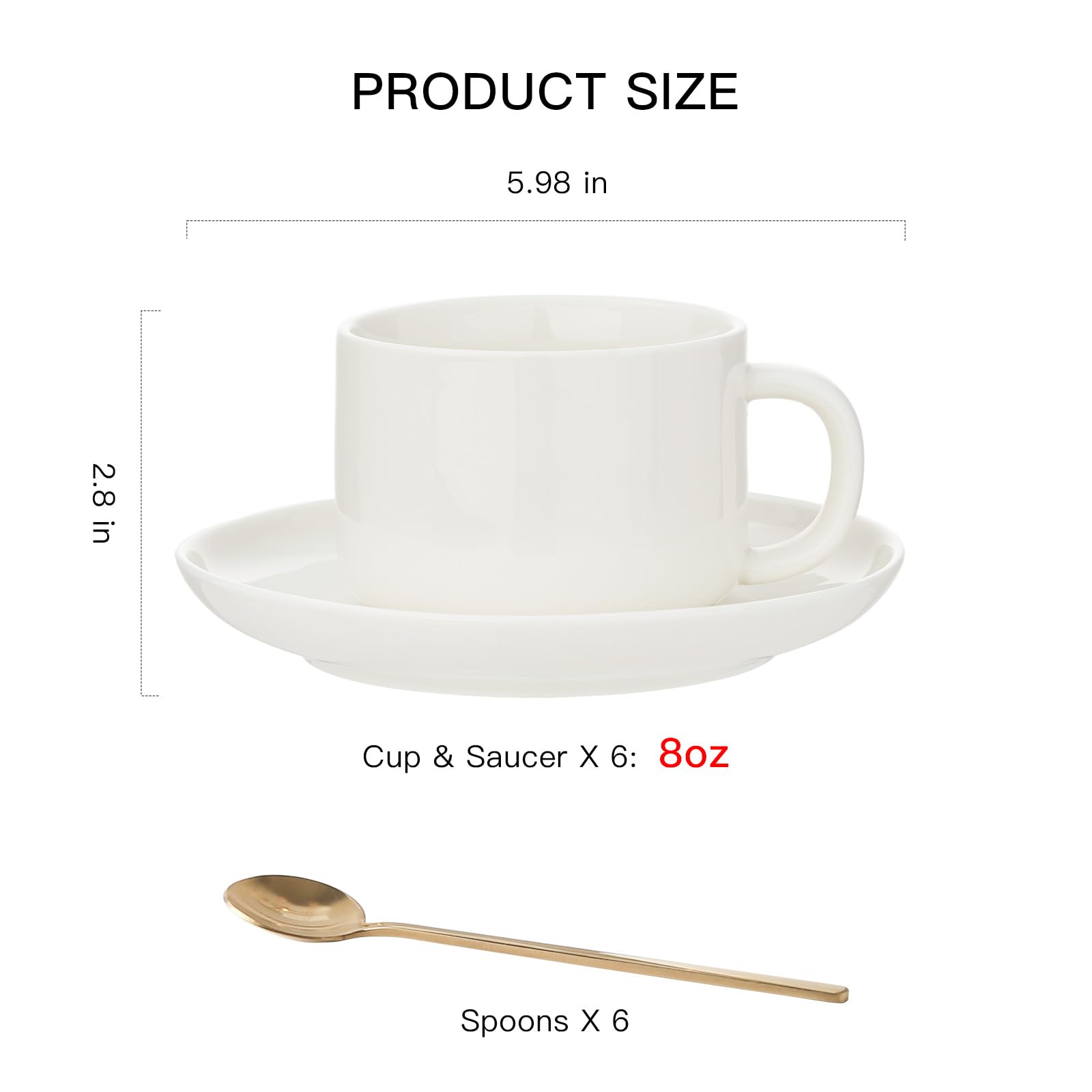 CHILDIKE 6-Piece Porcelain Coffee Cup and Saucer Set with Gold Spoon - 8oz (220ml) White Ceramic Mugs for Tea, Cappuccino & Espresso - Perfect for Home, Office and Gift Giving