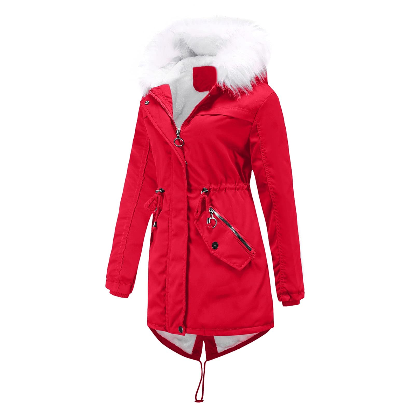 Women's Mid-Length Hooded Winter Coat - Solid Color Fleece-Lined Warm Jacket with Fur Collar | Plus Size Padded Cotton Coat for Cold Weather | Perfect for Snow, Travel & Outdoor Activities