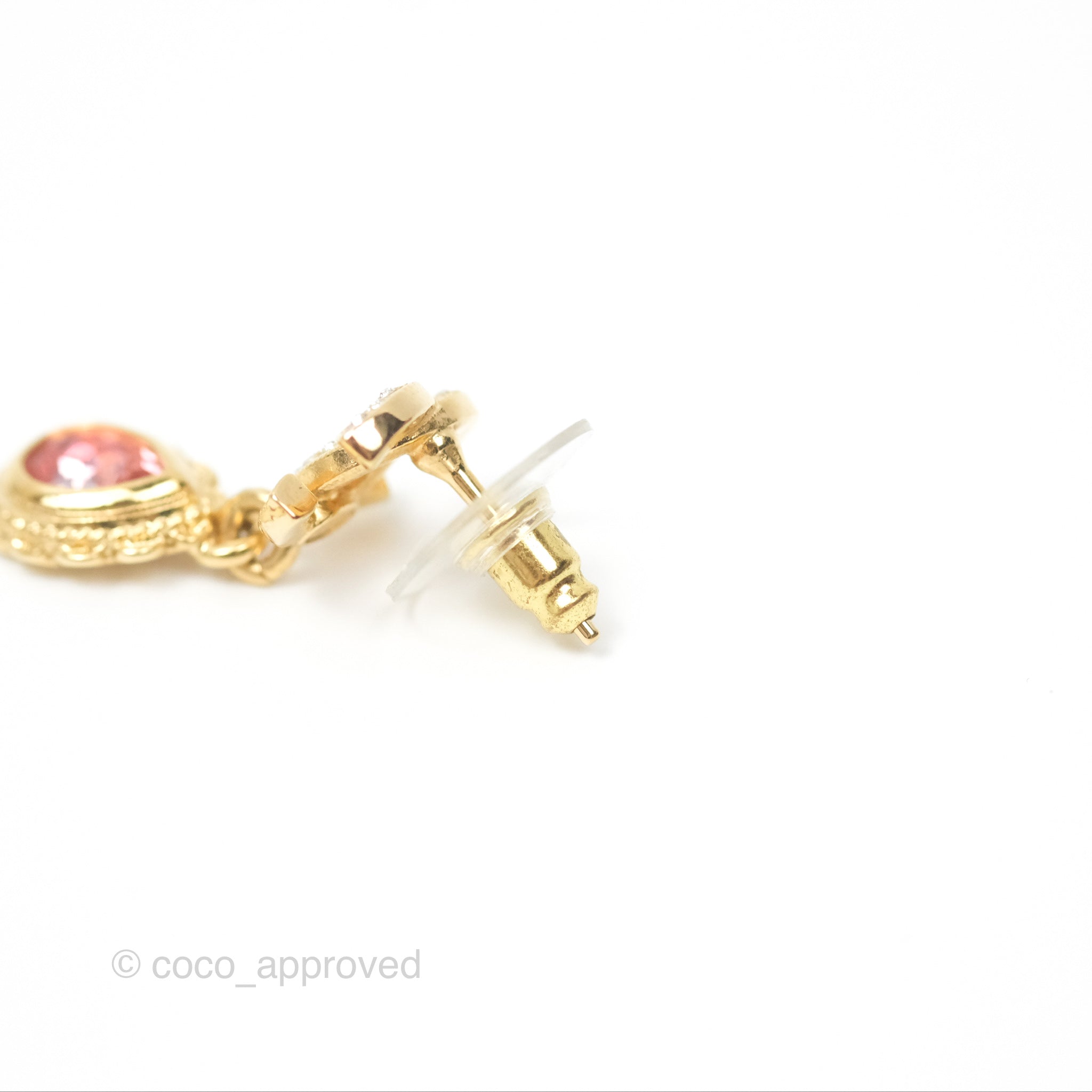 Chanel CC Crystal Pink Tear Resin Drop Earrings 22K Gold Tone - Elegant Dangle Earrings for Women, Perfect for Parties, Weddings & Special Occasions