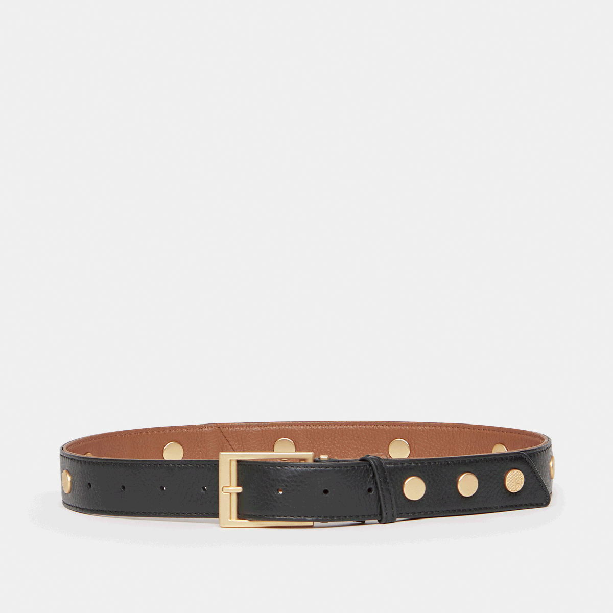 Charlie Rev Riveted Leather Belt | Black/Mahogany Pebble Grain & Brushed Gold Buckle | Medium Size | Perfect for Business Casual & Formal Outfits