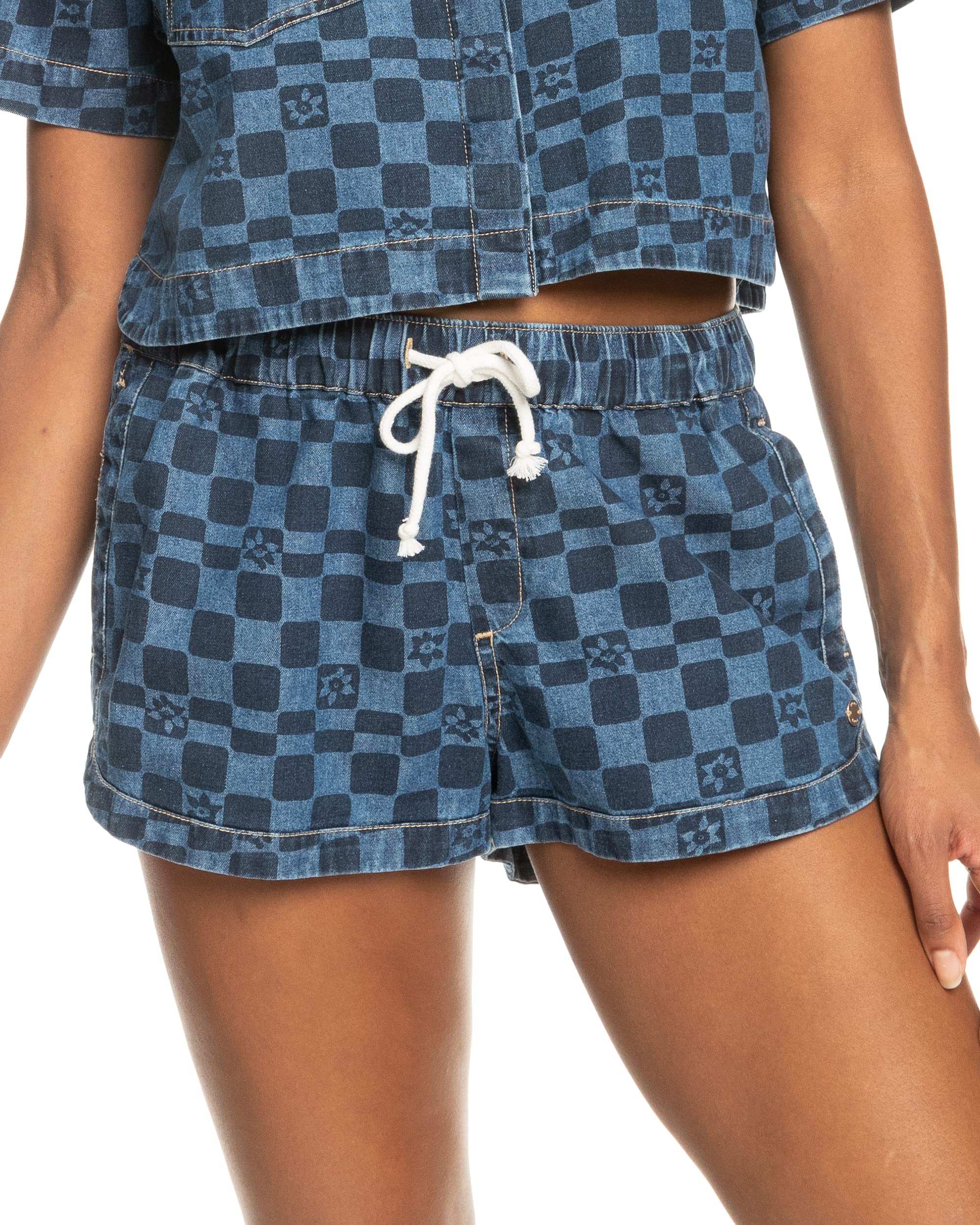 Roxy Women's Mid Waist Denim Shorts - High Rise Stretch Comfort Fit for Summer Beach & Casual Wear