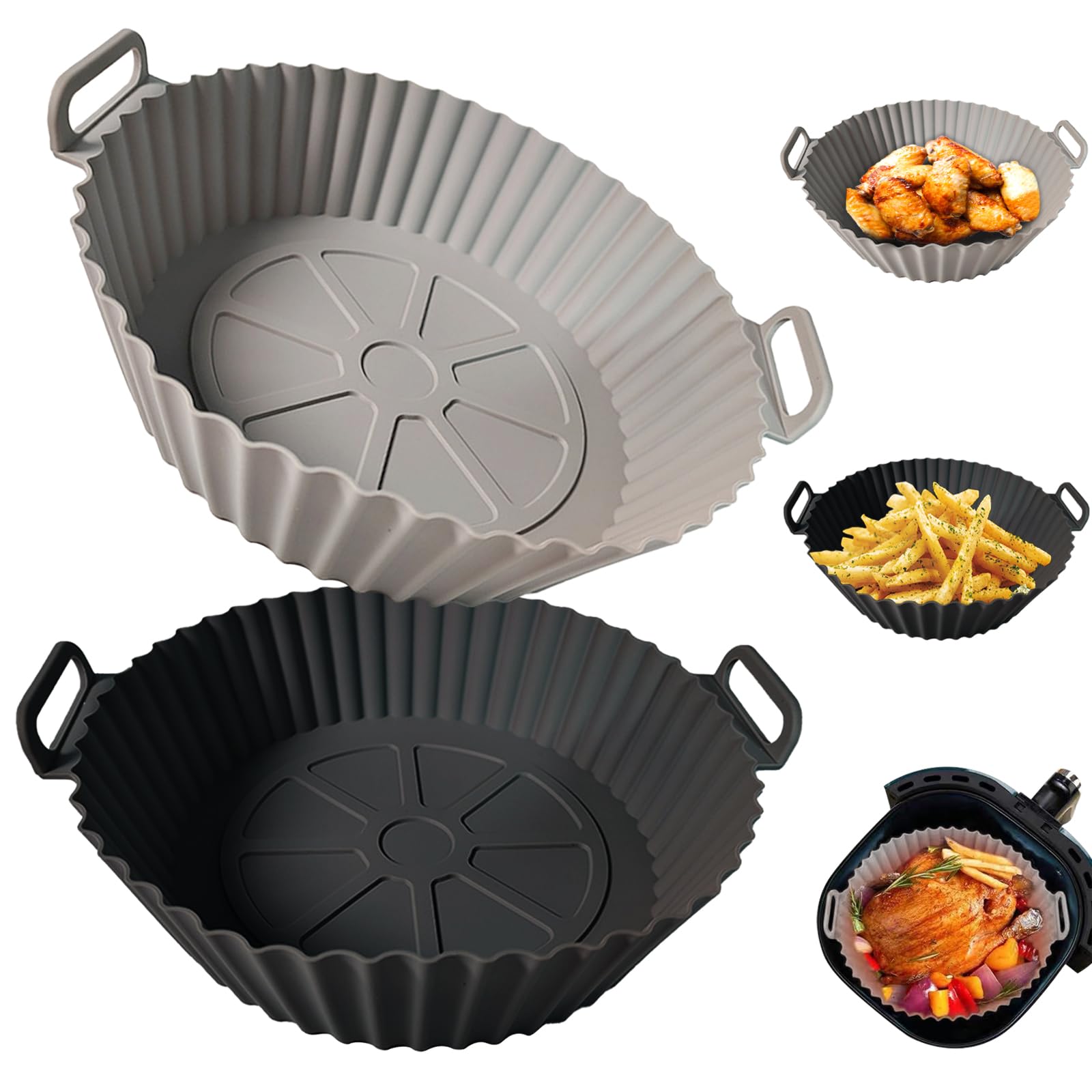 Kookkit 2 Pack Reusable Silicone Air Fryer Liners for 3-5 QT - Non-Stick Oven & Microwave Safe Accessories (7.87x6.69x1.97 Inches, Gray & Black) - Perfect for Healthy Cooking, Baking, and Meal Prep