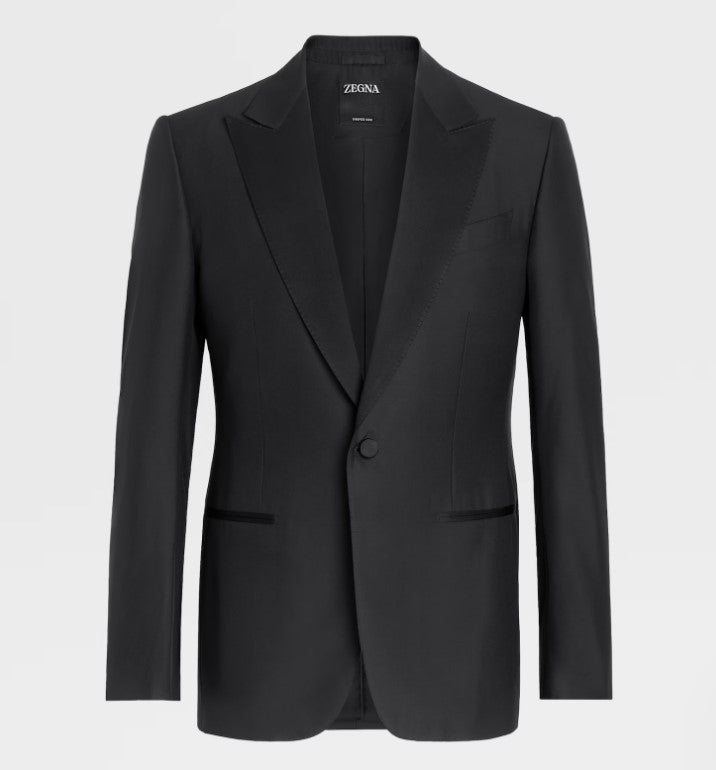 ZEGNA Men's Black Solid Tuxedo Suit - Premium Trofeo 600 Wool for Formal Events, Weddings & Evening Gala