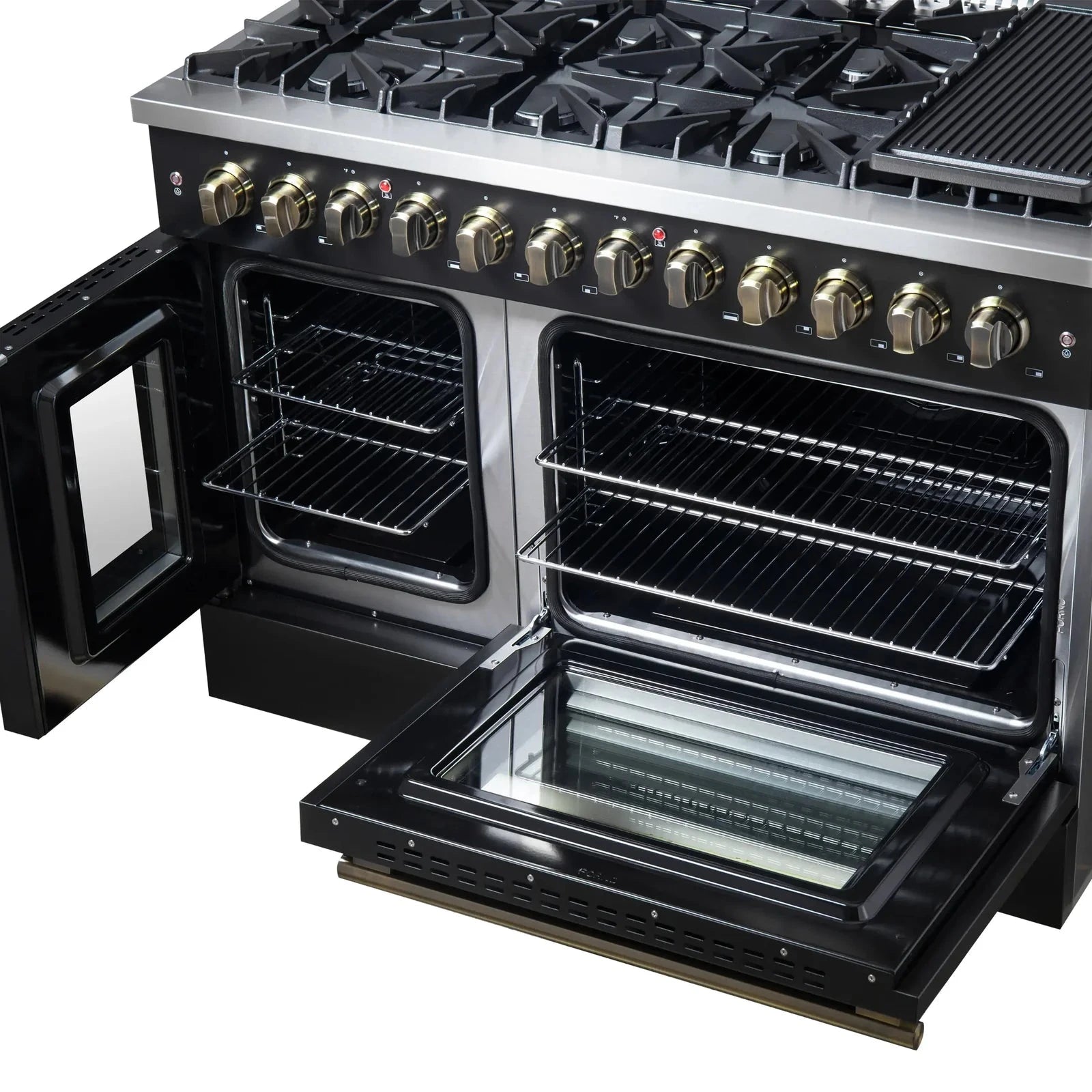 Forno Galiano 48-Inch French Door Dual Fuel Range with 8 Burners & Electric Convection Oven - Black Antique Brass Trim (Model FFSGS6356 48BLK) | Perfect for Professional Kitchens & Luxury Home Cooking