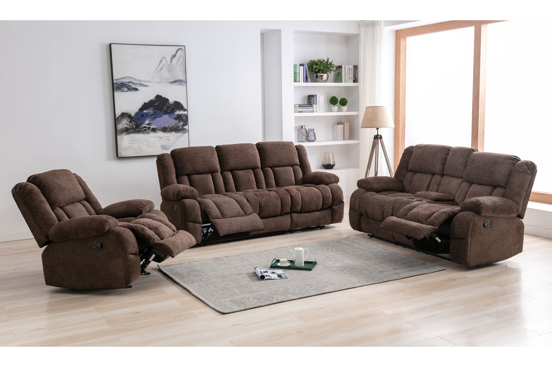 Brown Presley Collection 3-Piece Reclining Sofa Set - Comfortable Leather Living Room Furniture for Home Theater & Family Relaxation