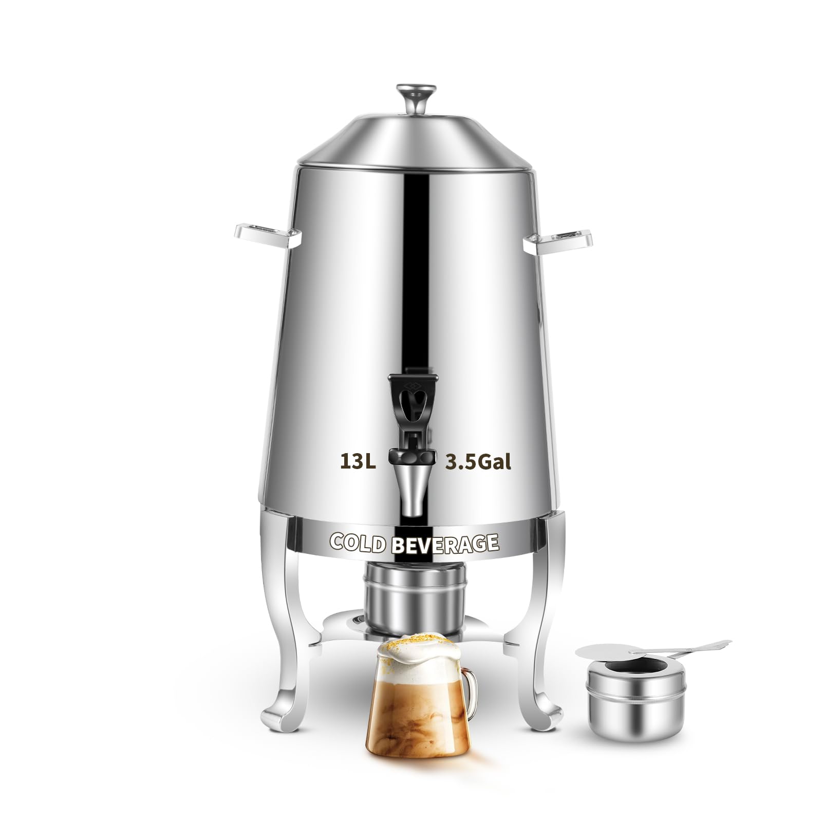 3.5 Gallon Stainless Steel Coffee Urn with Fuel Holder - Continuous Heating Beverage Dispenser with Spigot for Hot & Cold Drinks - Perfect for Parties, Buffets, Catering, and Office Events