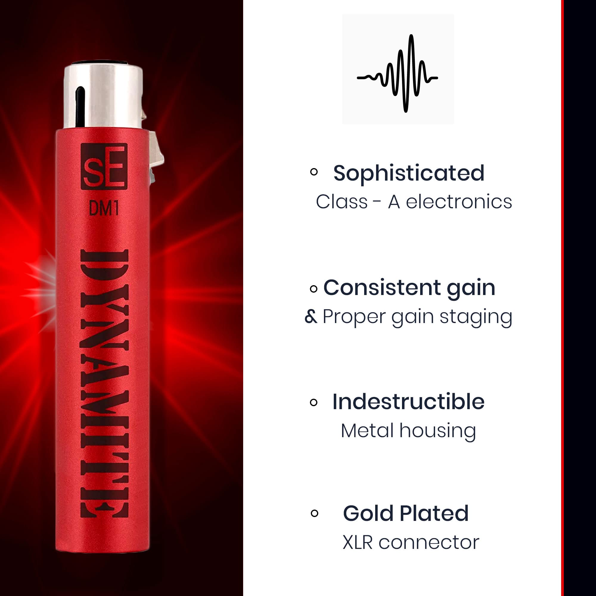 sE Electronics DM1 Dynamite Active In-line Microphone Preamp - 28dB Gain with 2x 20ft XLR Cables & 7-Pack Cable Ties | Professional Studio Recording, Podcasting & Live Sound Enhancement