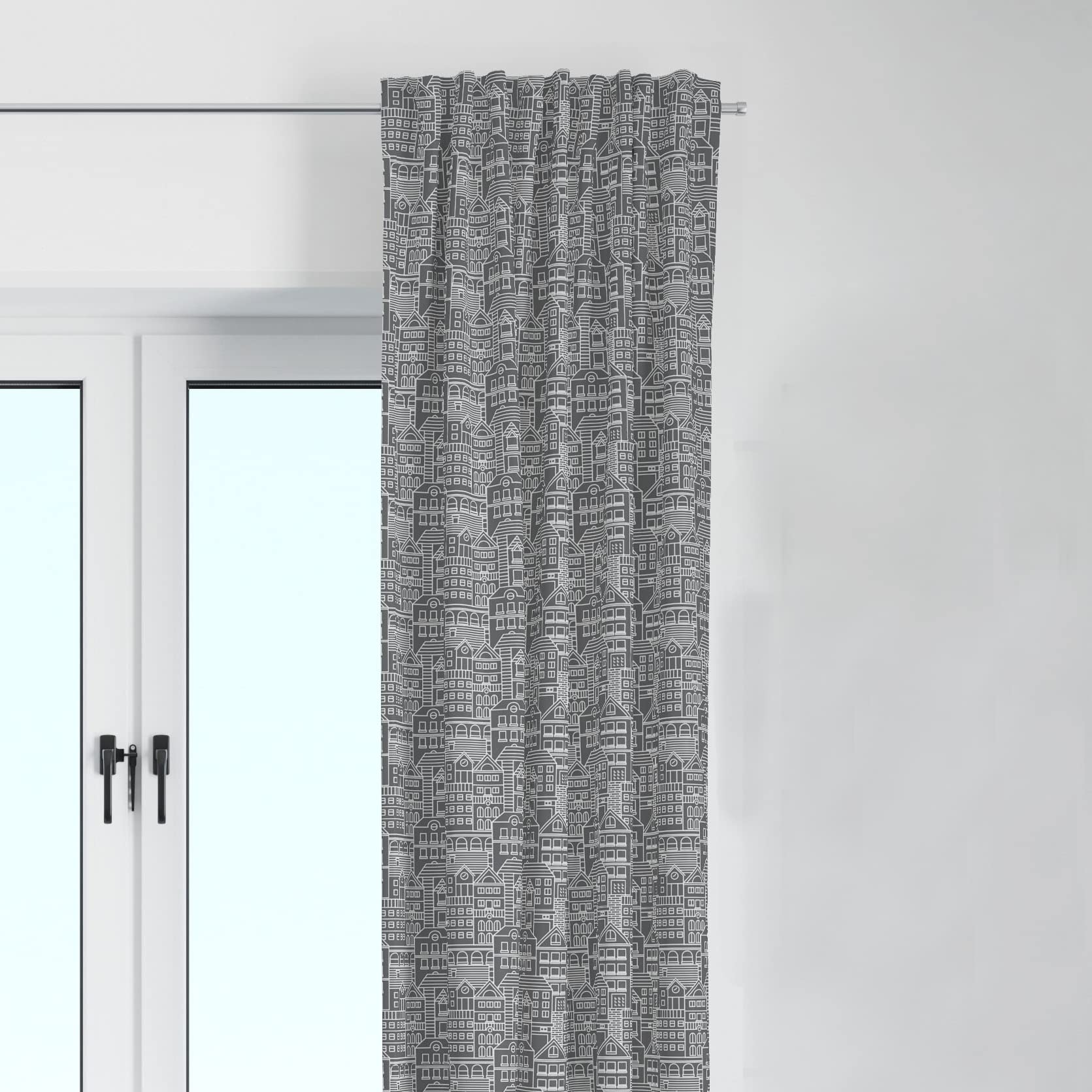 Bacati 2 Pack Light Filtering Curtain Panels - Cityscape Reverse Dark Grey/White Charcoal Window Drapes for Living Room, Bedroom & Office - Soft Sheer Privacy Curtains with Modern Urban Design