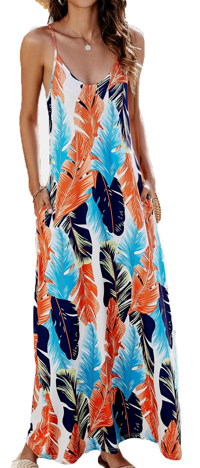 Supnier Women's Summer Maxi Dress - Casual V-Neck Sleeveless Bohemian Floral Long Dress with Pockets | Perfect for Beach Vacations, Music Festivals & Summer Outings