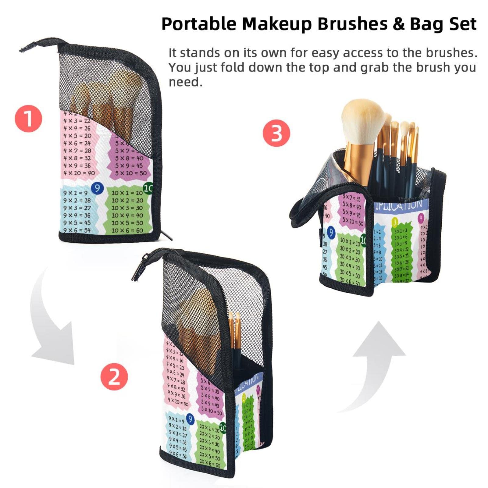 12-Piece Makeup Brush Organizer Bag with Portable Case - Includes Math Multiplication Table - Perfect for Travel, Home & Professional Makeup Artists