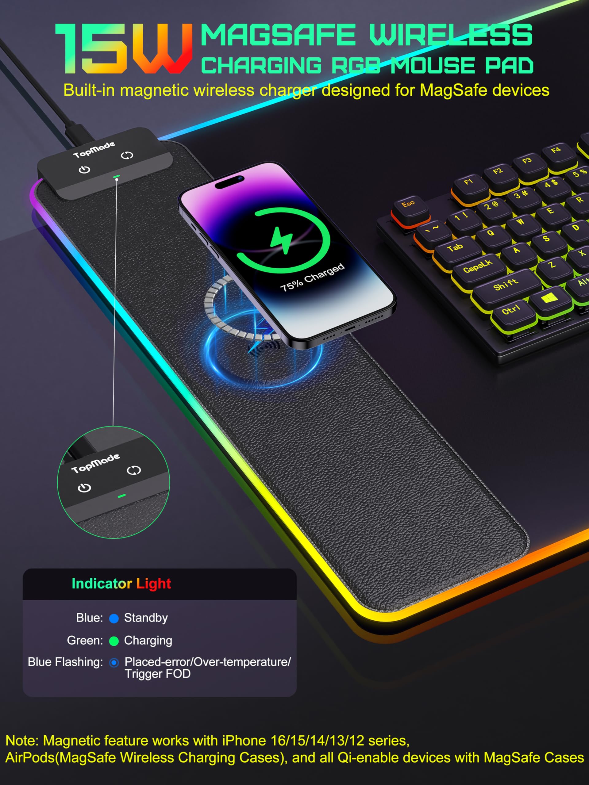TopMade Wireless Charging Mouse Pad with RGB Lighting - 13 Light Modes, Ultra-Smooth Surface, Non-Slip Base, Waterproof Keyboard Pad - Large Gaming & Office Desk Mat (Classic Black) - Perfect for PC Gaming Setup, Home Office Workstation and Computer Desk Accessories