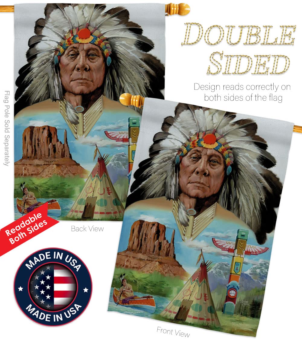 Native American Patriotic House Flag Set 28x40 with Pole - Outdoor Decor