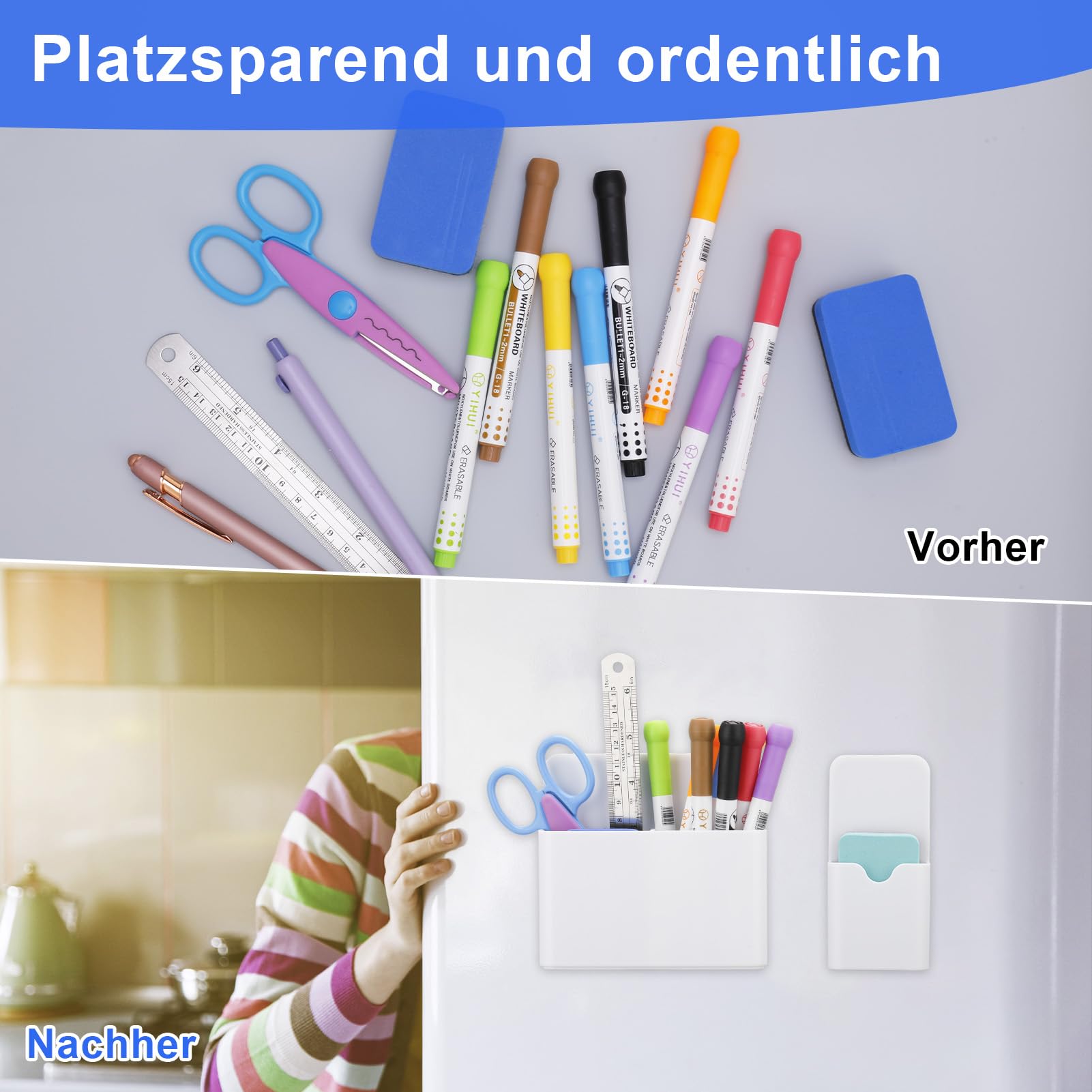 Vyuwast 12-Piece Whiteboard Accessories Set - 2 Magnetic Pen Holders with 2 Whiteboard Erasers & 8 Whiteboard Markers - Magnetic Organizer for School, Office, Whiteboard, Refrigerator (White) - Perfect for Classroom, Home Office & Kitchen Organization