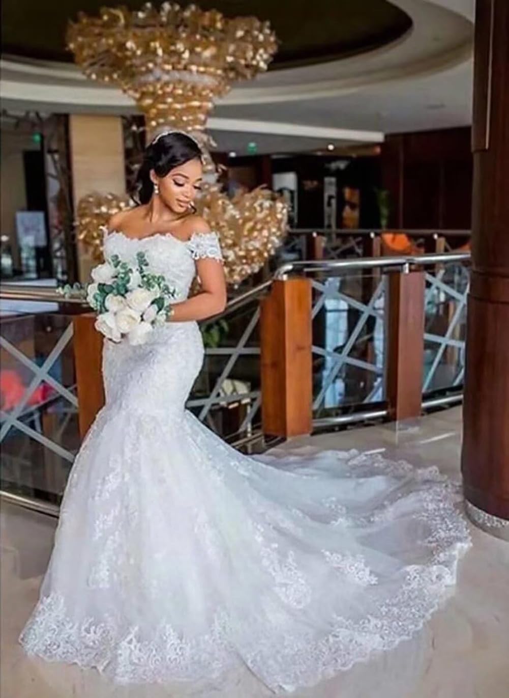 Elegant Off-Shoulder Lace Mermaid Wedding Dress for Women - Long Sleeve Bridal Gown for Bride - Perfect for Beach Weddings, Church Ceremonies & Romantic Photoshoots