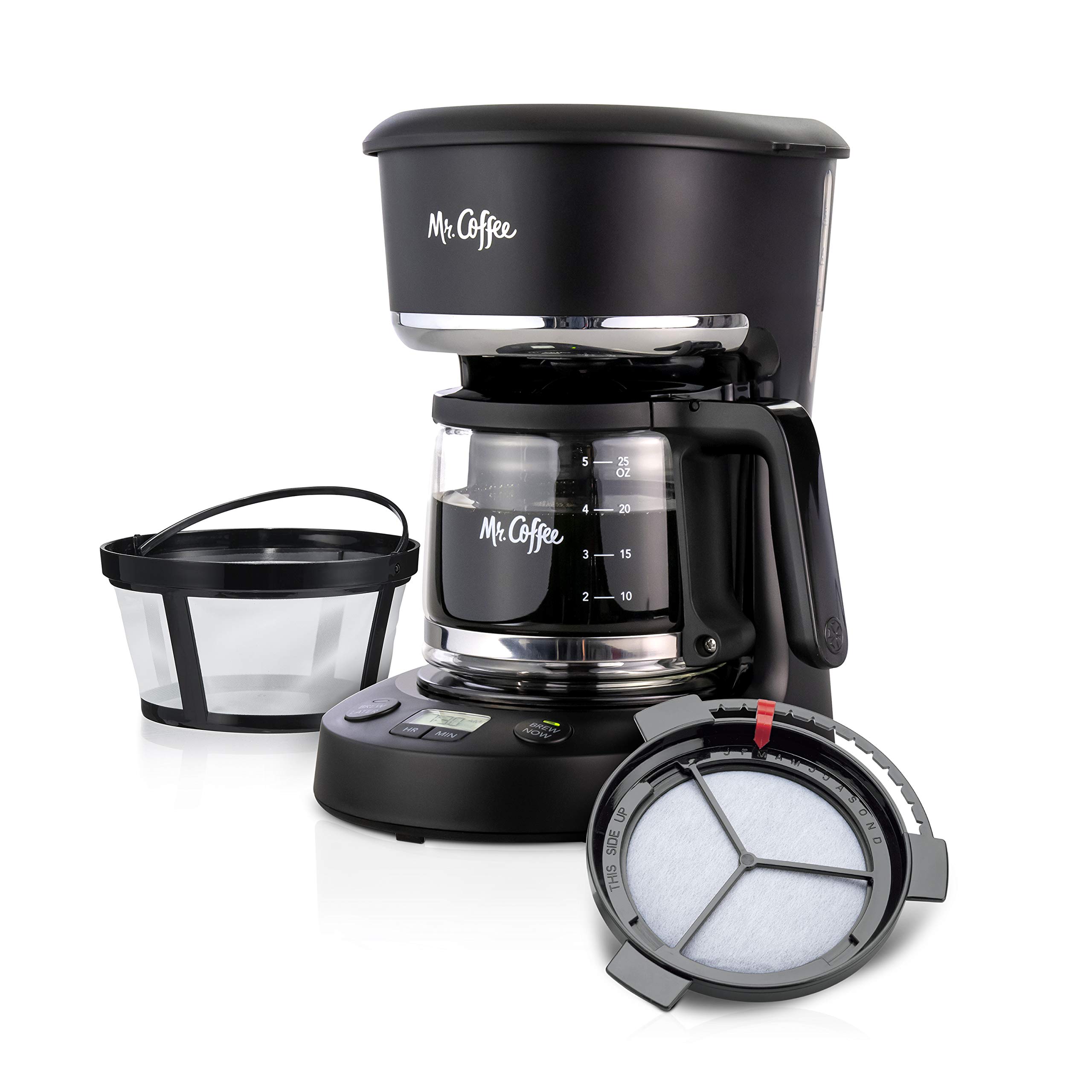 Mr. Coffee 5-Cup Programmable Coffee Maker with Auto Pause & Glass Carafe - Compact Black Coffee Machine for Home, Office, Dorm or RV Use