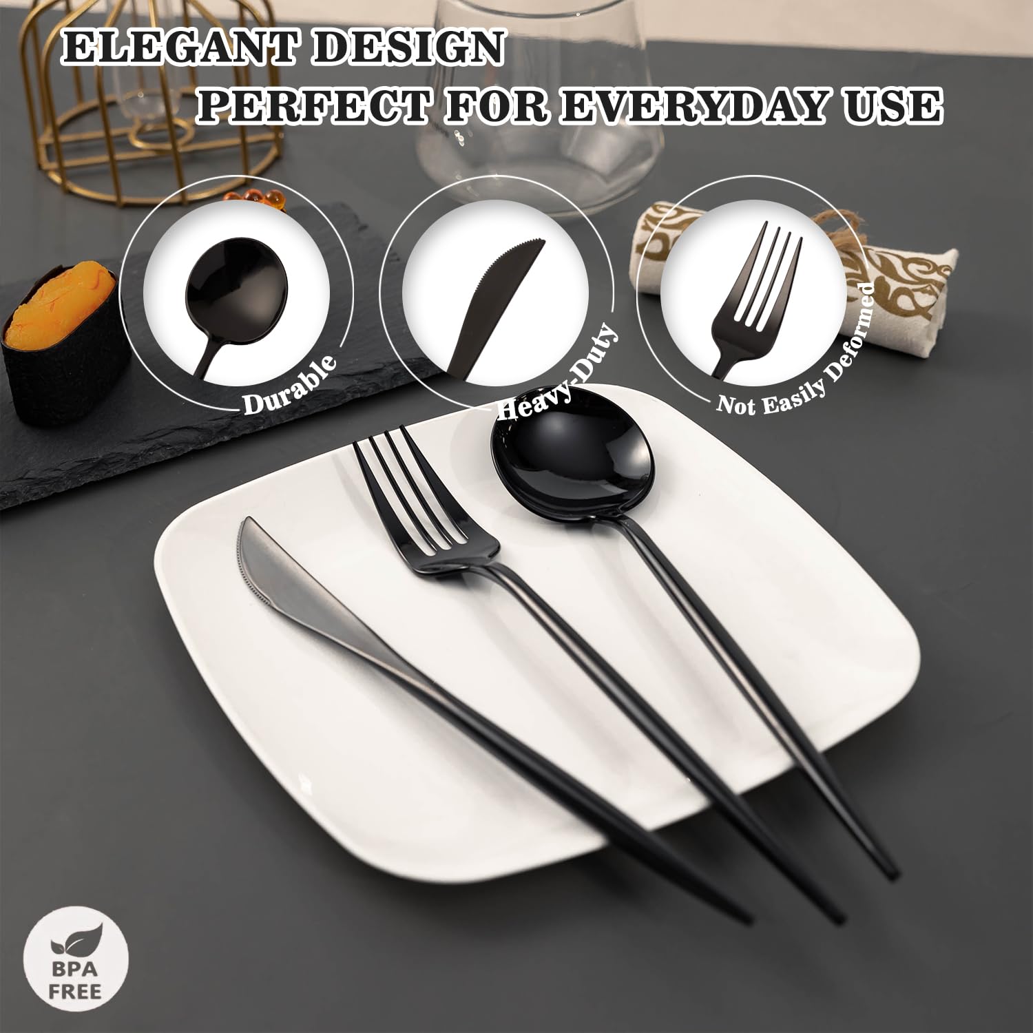 180-Piece Heavy Duty Black Plastic Silverware Set - 60 Forks, 60 Spoons & 60 Knives - Durable Disposable Cutlery for Parties, Weddings, BBQs & Catering Events - Perfect for Birthday Celebrations, Picnics & Office Gatherings