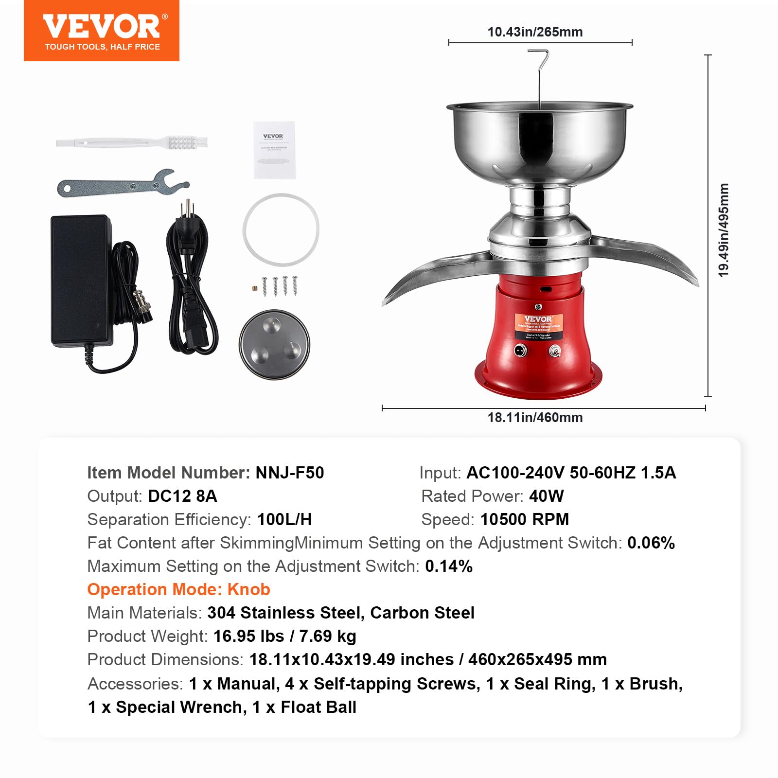VEVOR Electric Milk Cream Separator, 304 Stainless Steel Goat & Cow Milk Skimmer, 100L/H 10500RPM, 30W 5L Bowl Capacity, 100-240V - Perfect for Home Dairy, Farm Use & Small Business Cheese Making