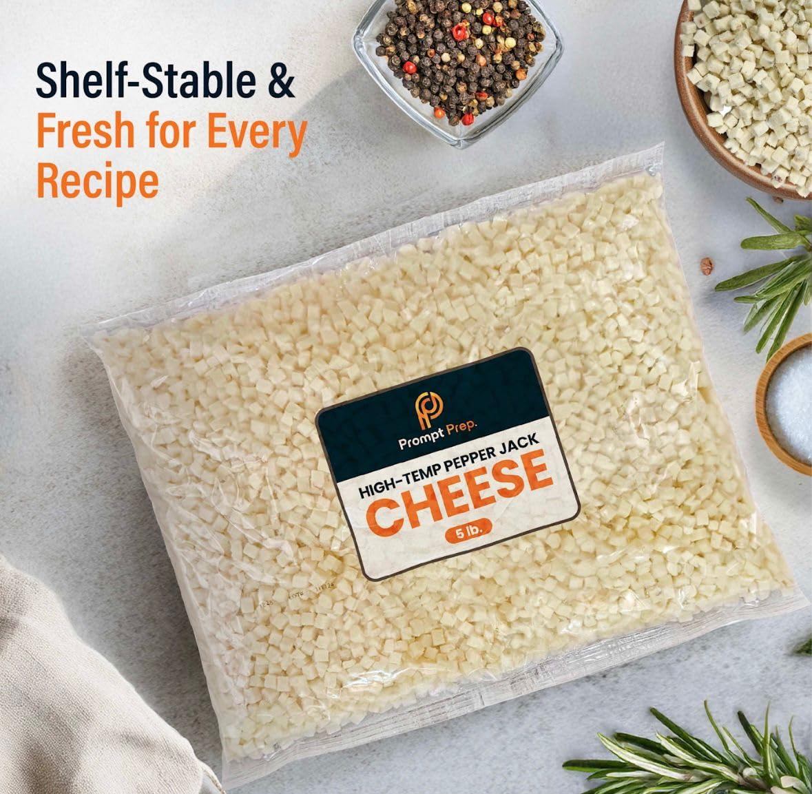 Prompt Prep High Temperature Diced Pepper Jack Cheese - 5 lb Bag, 1/4 Inch Cubes for Grilling, Salami & Snack Sticks | Perfect for BBQ, Charcuterie Boards & Party Snacks