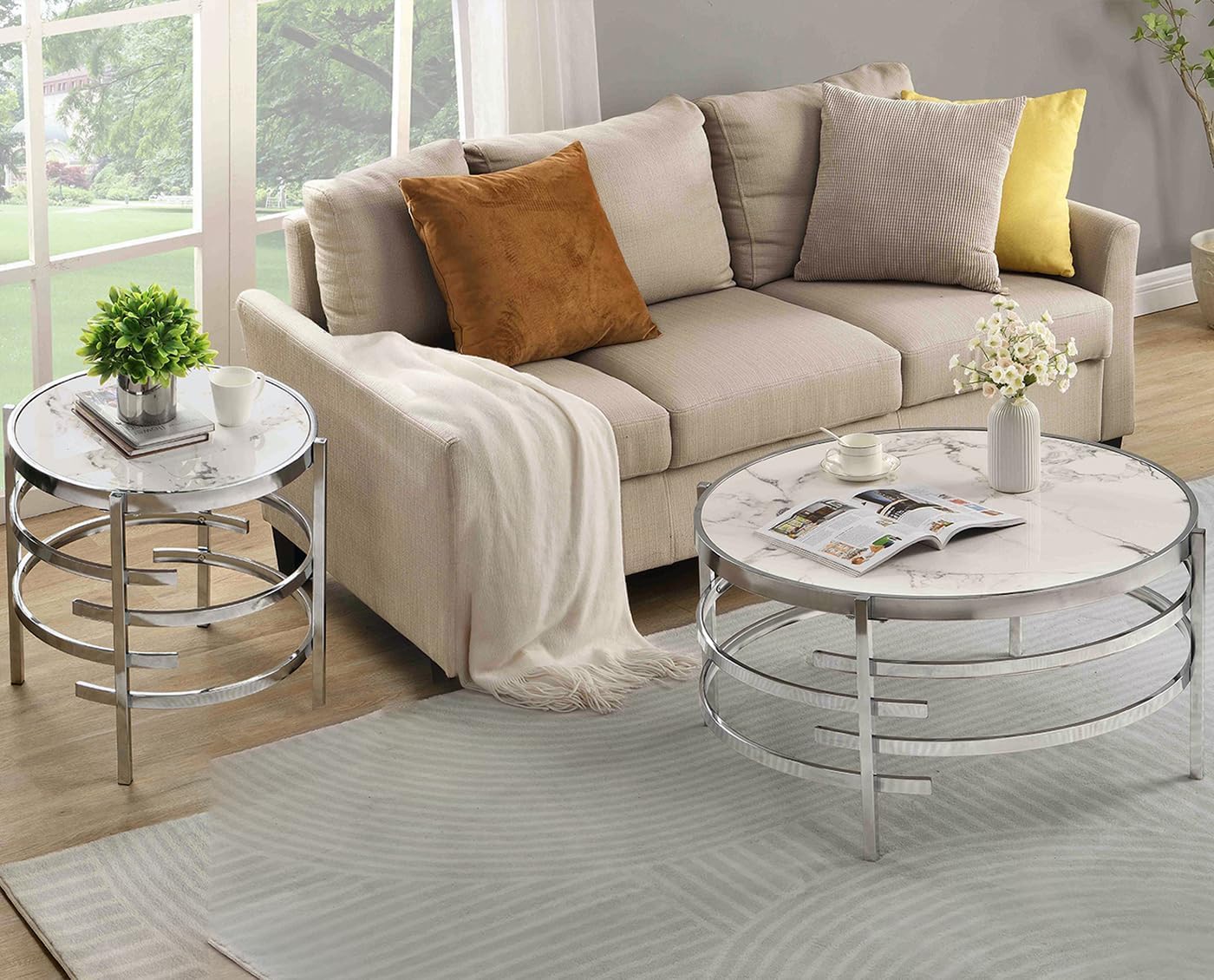 Modern Round Coffee Table & End Table Set of 3 - Silver Chrome Metal Frame with Marble Top - Contemporary Living Room Furniture for Sofa, Lounge & Home Office - Perfect for Small Spaces & Entertaining Guests