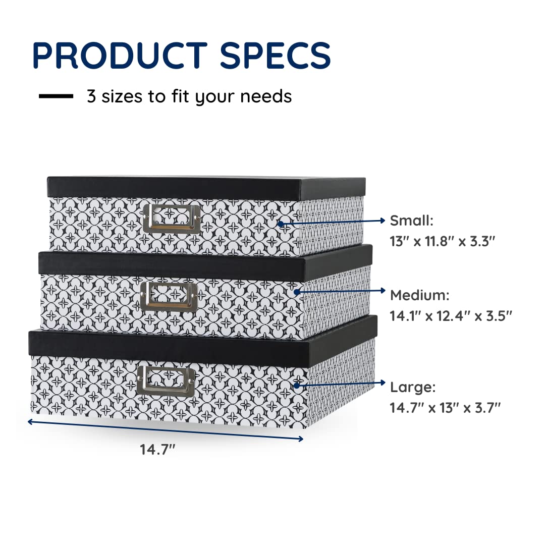 Soul & Lane Black and White Decorative Storage Boxes with Lids - Set of 3 Jumbo Organizer Boxes for Scrapbooking, Documents, Keepsakes & Memories - Modern Trellis Design for Home Office & Craft Room Organization