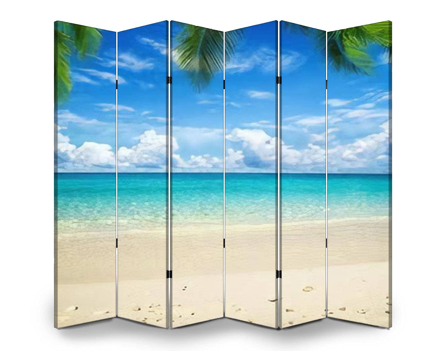 6-Panel Folding Room Divider Screen - Beach & Tropical Themed Canvas Privacy Partition for Indoor/Outdoor Use | Freestanding Protective Wall Separator for Home, Office, Beach Cabana, and Event Spaces