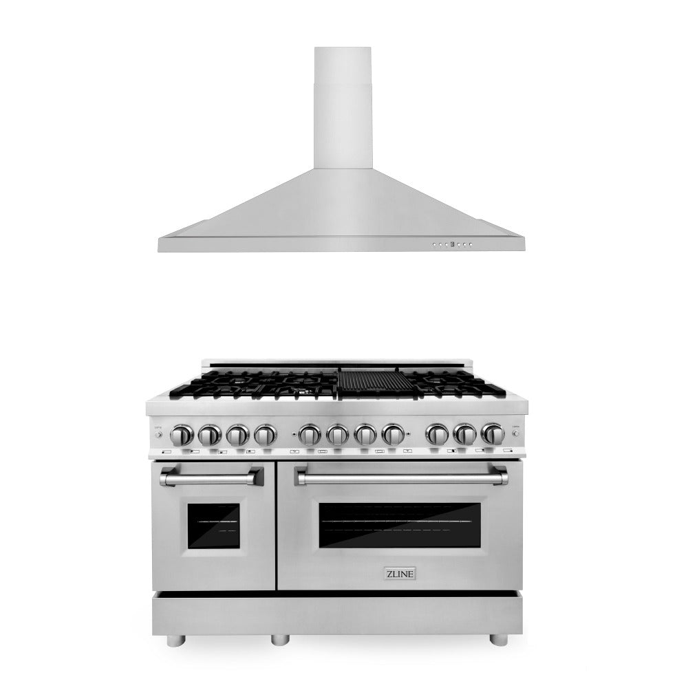 ZLINE 48 Inch Professional Kitchen Package - Stainless Steel Dual Fuel Range & Convertible Vent Hood (2KP RARH48) | Perfect for Home Chefs & Modern Kitchens