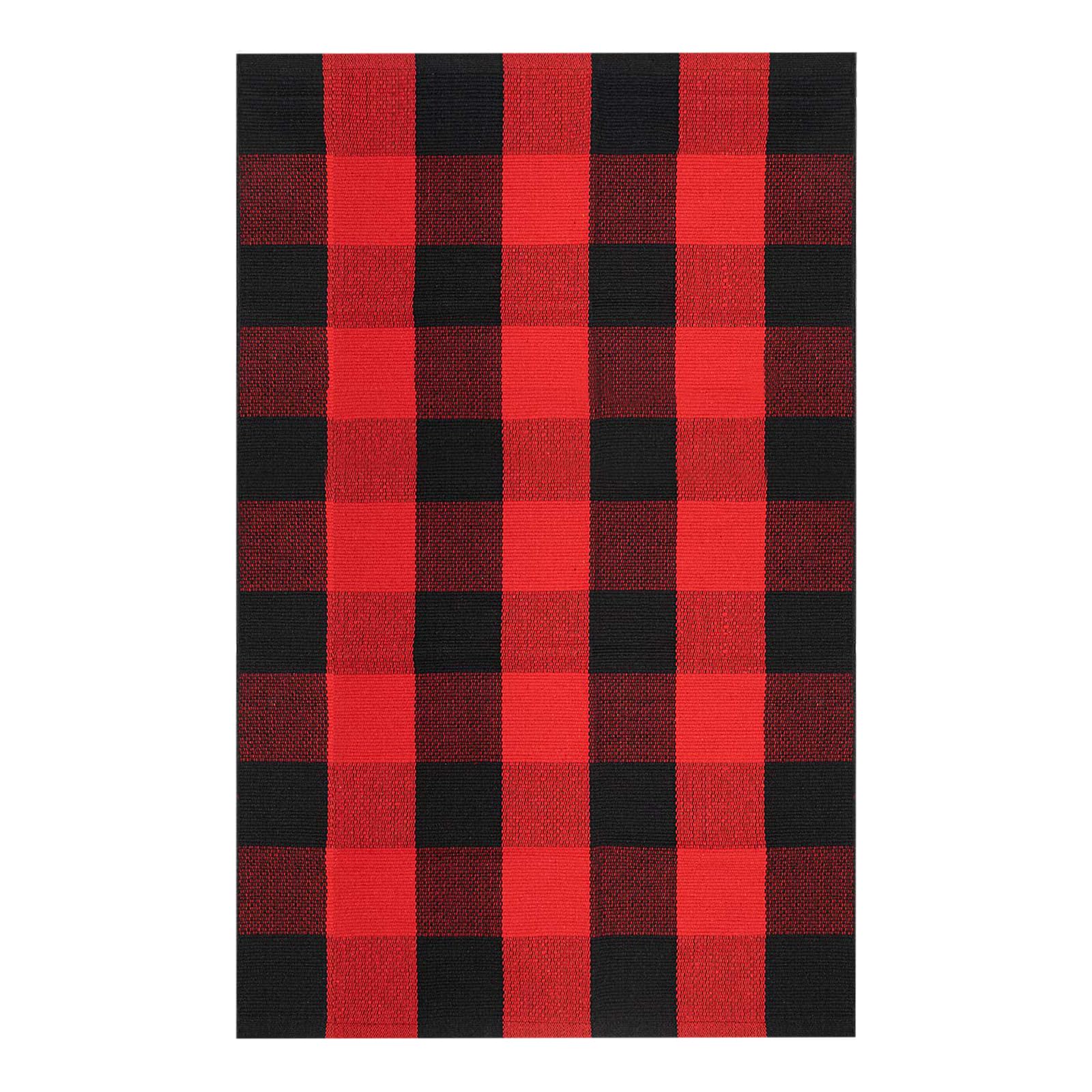KOZYFLY Buffalo Plaid Rug 27.5x43 Inches - Red and Black Checkered Washable Cotton Rug for Christmas, Halloween & Fall Decor - Non-Slip Woven Door Mat for Front Porch, Entryway & Outdoor Use