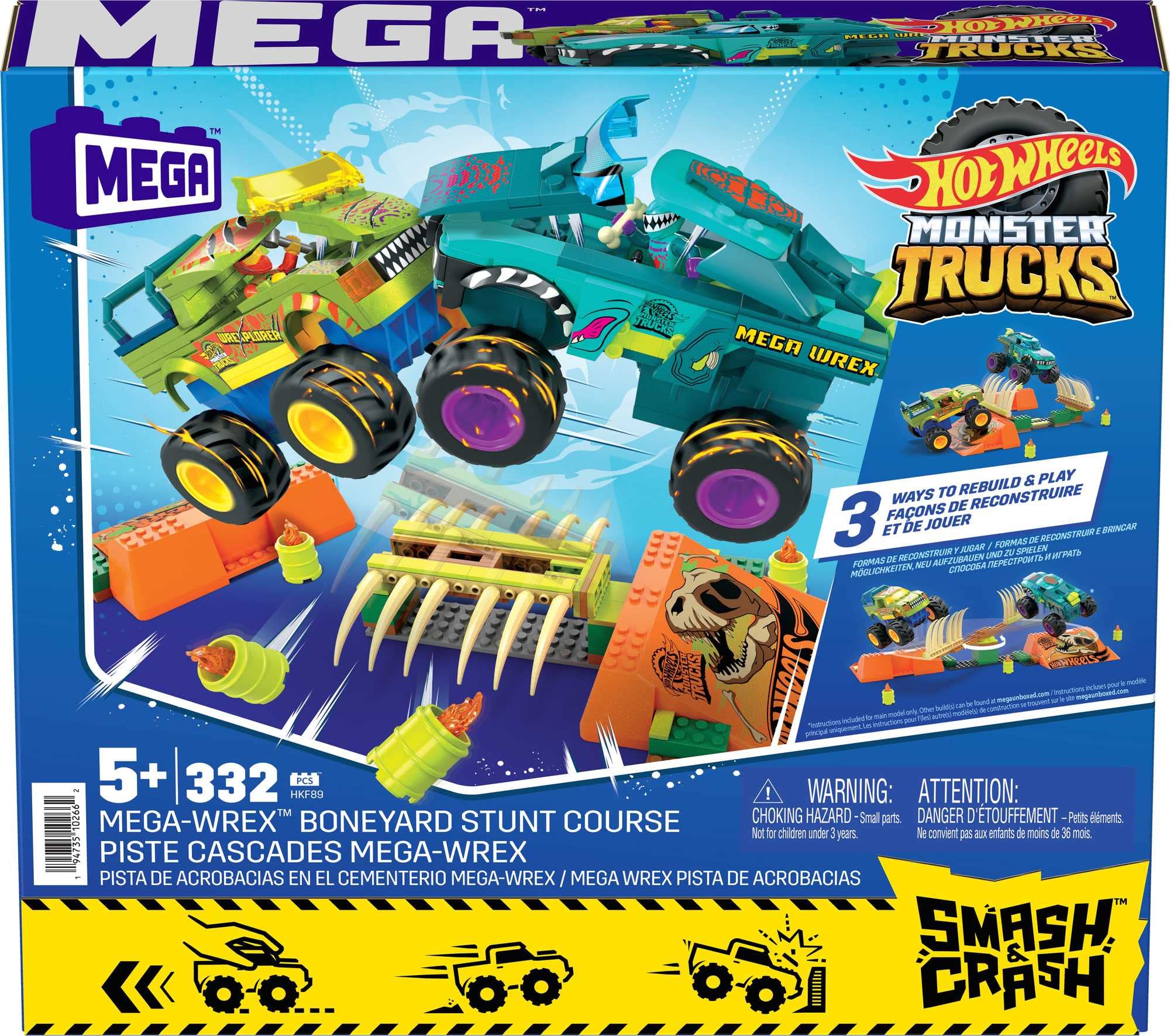 MEGA Hot Wheels Monster Trucks Bone Shaker Thrash & Crash Building Set with 332 Pieces & 2 Articulated Mini Figures - STEM Construction Toy Gift for Kids Ages 3+ - Perfect for Birthday Gifts, Playtime Adventures and Creative Building Fun