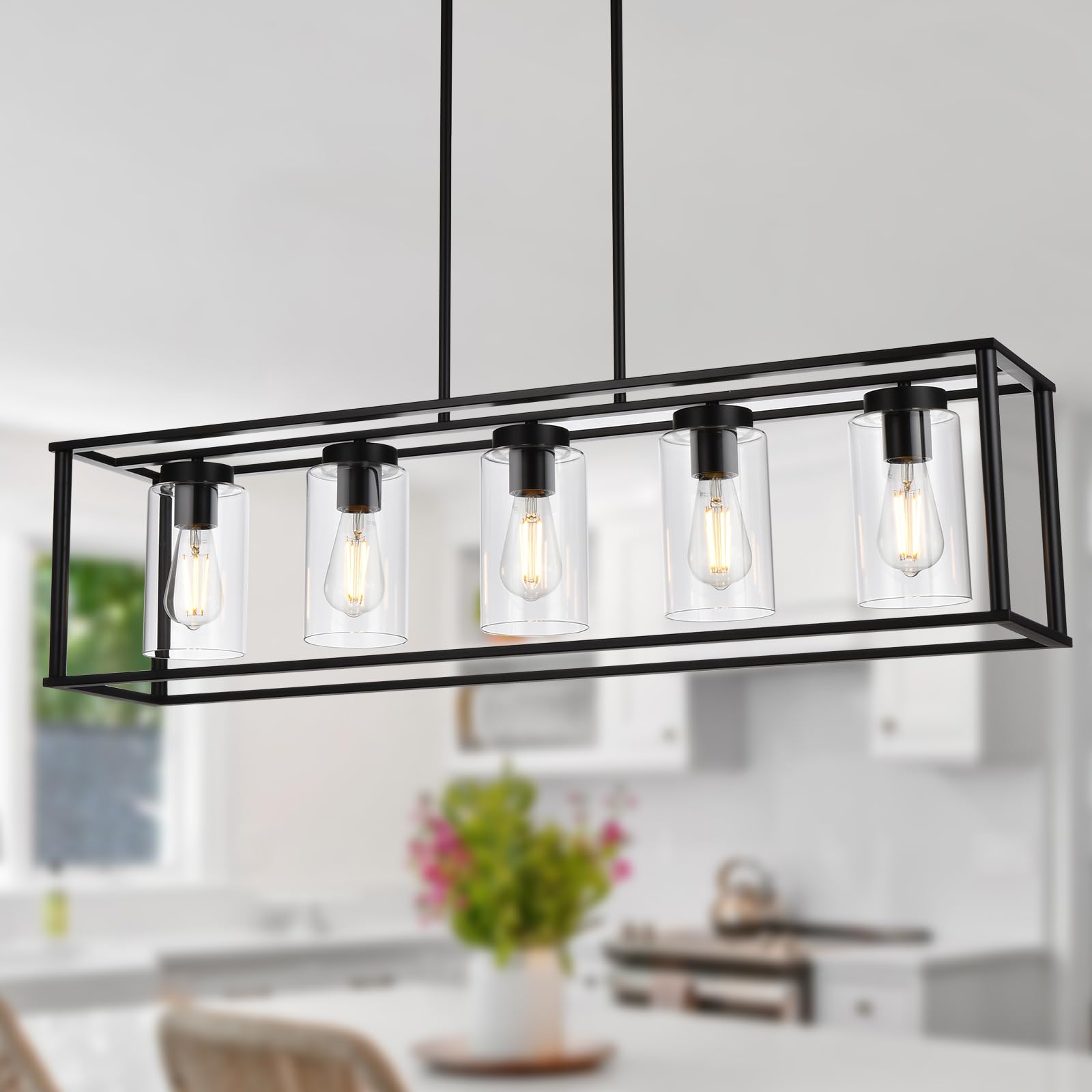 VINLUZ 5-Light Black Rectangle Farmhouse Chandelier - Adjustable Hanging Pendant Light with Glass Shade for Dining Room, Kitchen Island & Modern Home Decor | Rustic Industrial Ceiling Lighting Fixture